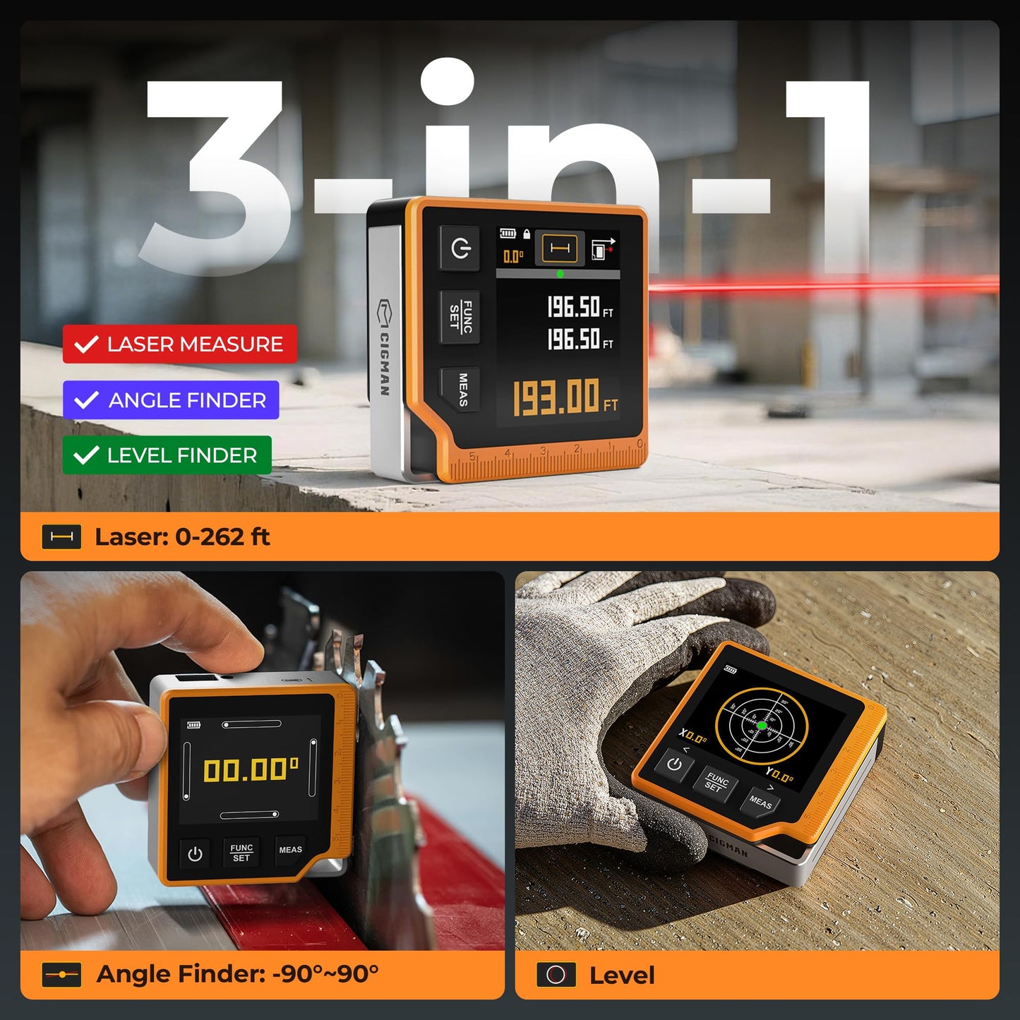 Laser Measuring Tool, 262ft Laser Measure with Digital Angle Finder & Level, Rechargeable Laser Measurement Tool with 2.4'' Color Backlit Display, 6 Units Ft/in/M, Length/Area/Volume/Pythagorean Mode - Medaid International