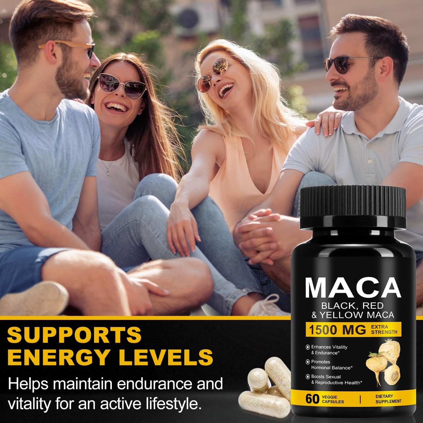 Daiasns Organic Maca Root Powder Capsules 1500 mg with Black + Red + Yellow Peruvian Maca Root Extract Supplement for Men and Women - 60 Vegan Capsules - Medaid International