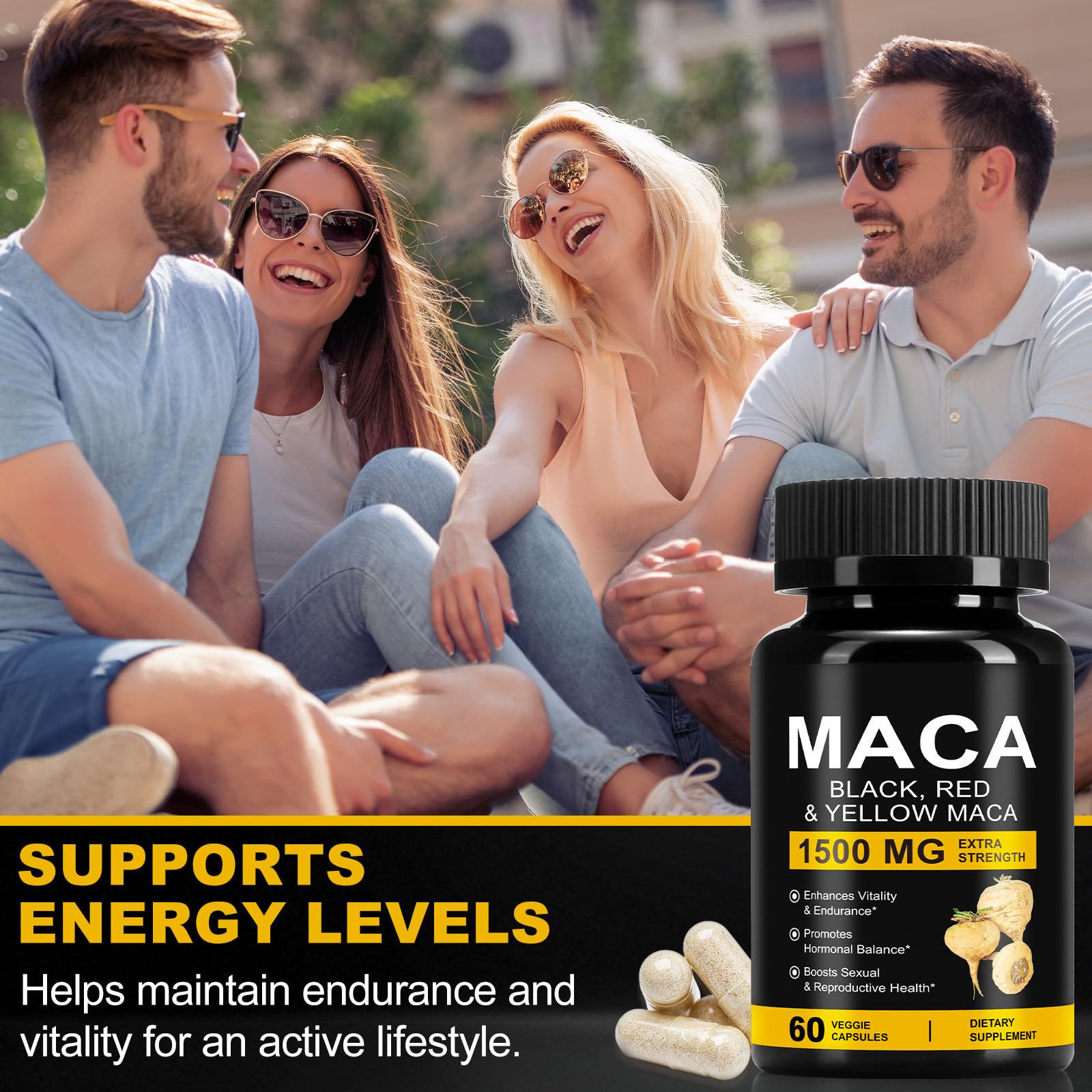 Daiasns Organic Maca Root Powder Capsules 1500 mg with Black + Red + Yellow Peruvian Maca Root Extract Supplement for Men and Women - 60 Vegan Capsules - Medaid International