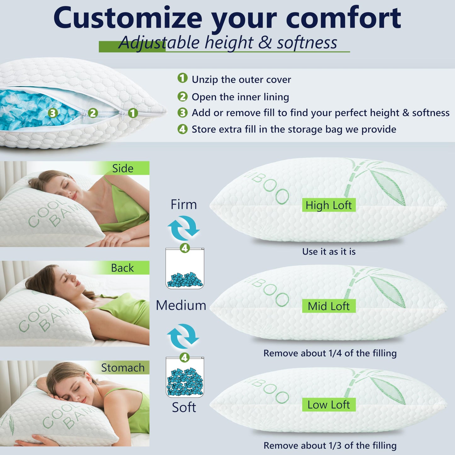 DGPEAR Cooling Pillows, Shredded Memory Foam Pillows Queen Size Set of 2 Adjustable Firm Bamboo Bed Pillows for Hot, Side, Back and Stomach Sleepers - Medaid International