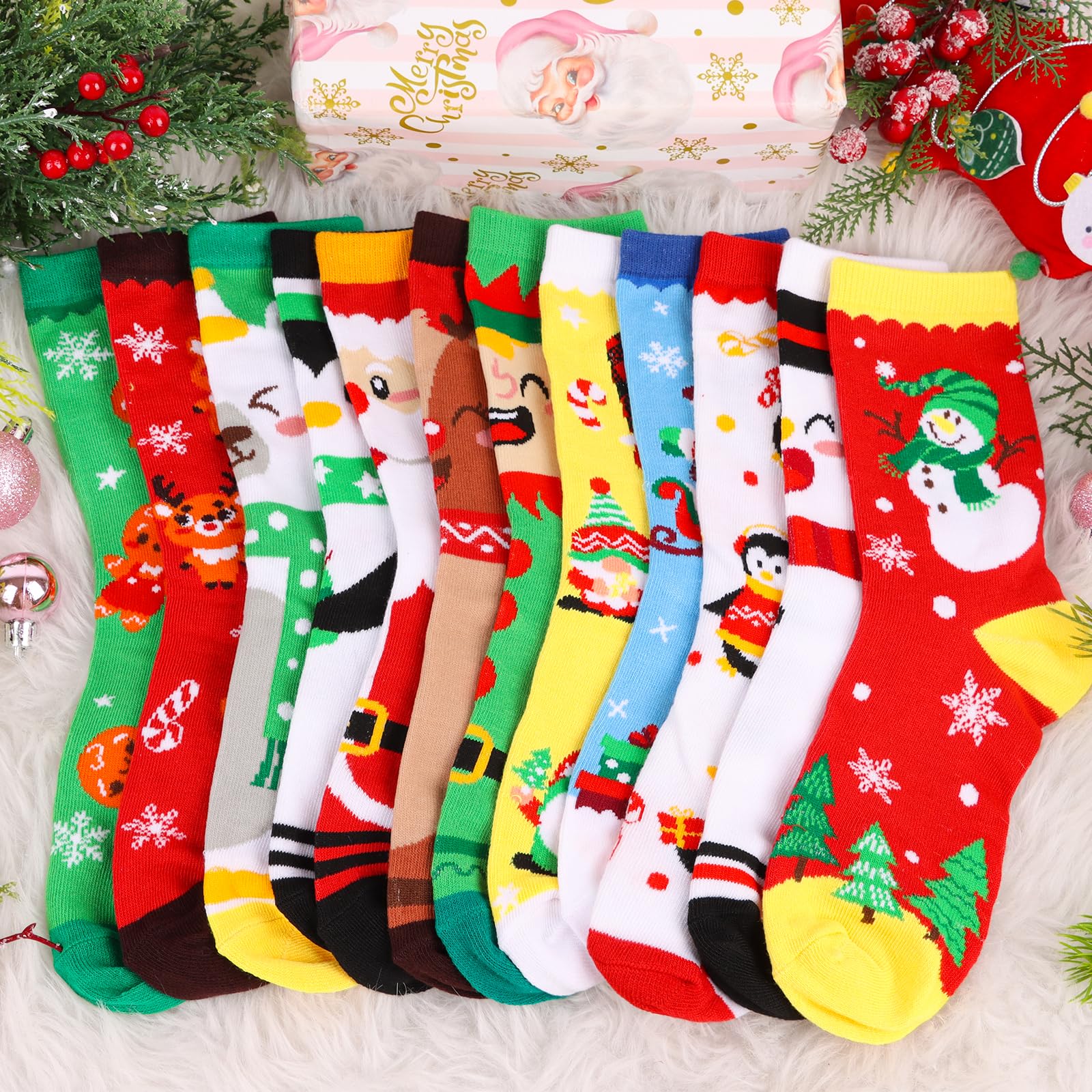 CCINEE 12 Pairs Christmas Holiday Socks Unisex, Festive Christmas Socks Bulk Novelty Cozy Cotton Sock for Adults Women Men Winter Xmas Holiday Gifts Stocking Stuffers - Medaid International