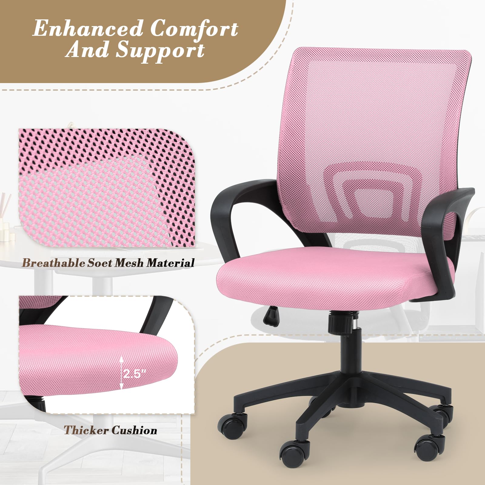 Athena Collection Computer Office Chair, Ergonomic Desk Chair with Rolling Wheels, Mesh Back Support and Height Adjustable, Small and Comfy for Home Office, Study, Pink - Medaid International