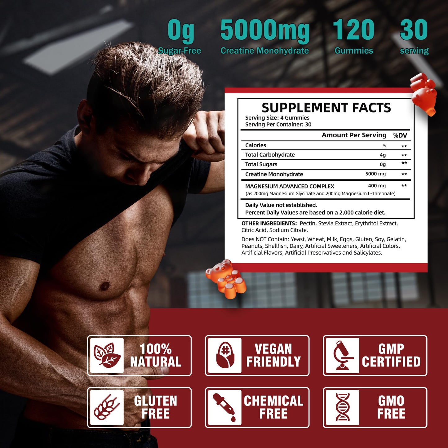 VIFSSG Creatine Monohydrate Gummies 5 g for Men & Women, 120 Sugar Free Gummies with 200 Mg Magnesium Glycinate, 200 Mg L-Threonate for Muscle Support, Energy Boost - Medaid International
