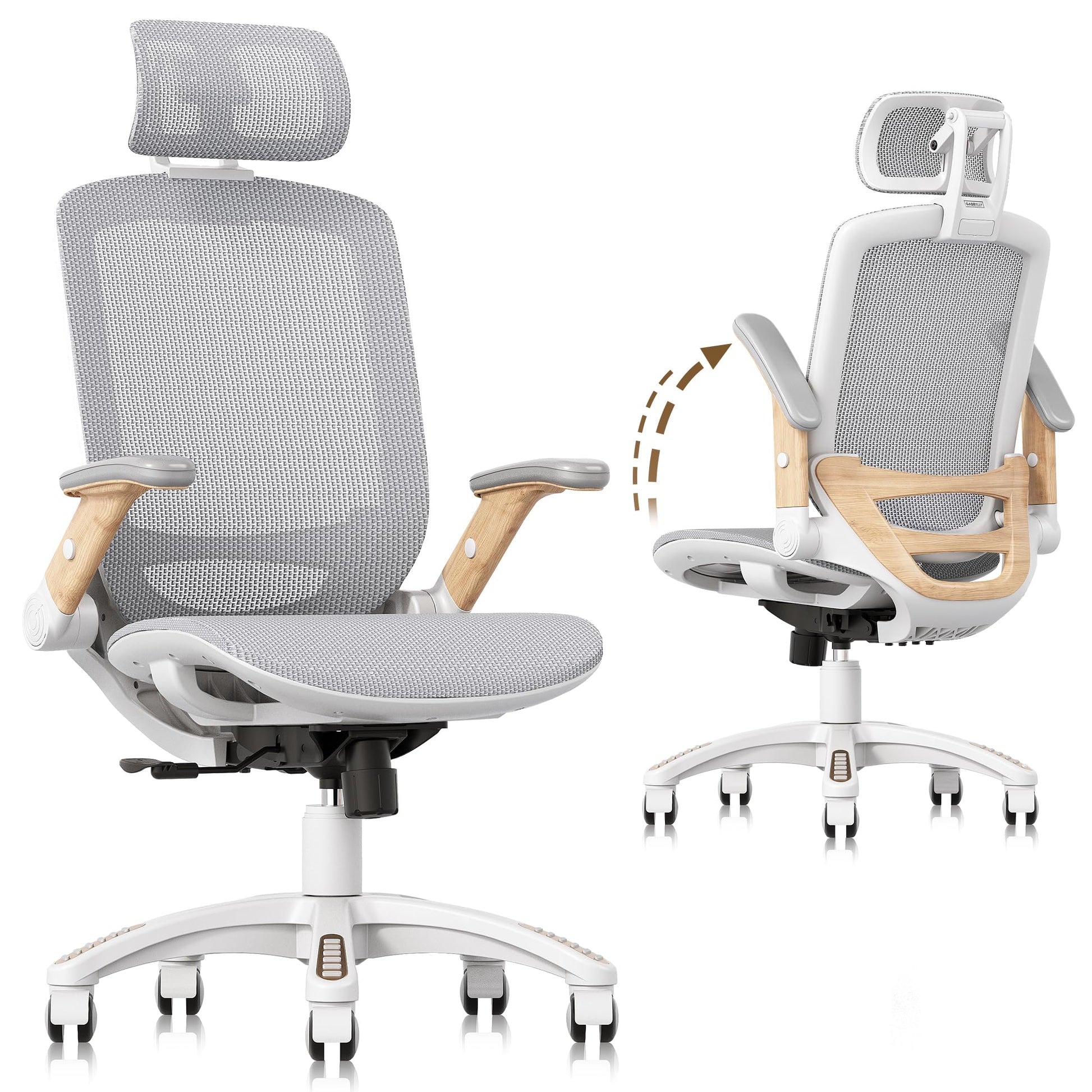 GABRYLLY Ergonomic Office Chair, High Back Home Desk Chair with Flip-Up Arms, Headrest, 90-120° Tilt and Wide Cushion, 400LBS White Mesh Chair for Work Gaming Study (GY01-NT, Woodgrain Pattern) - Medaid International