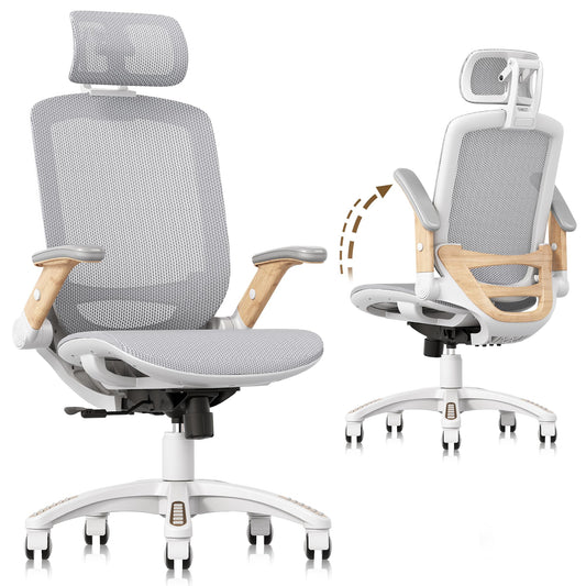 GABRYLLY Ergonomic Office Chair, High Back Home Desk Chair with Flip-Up Arms, Headrest, 90-120° Tilt and Wide Cushion, 400LBS White Mesh Chair for Work Gaming Study (GY01-NT, Woodgrain Pattern) - Medaid International