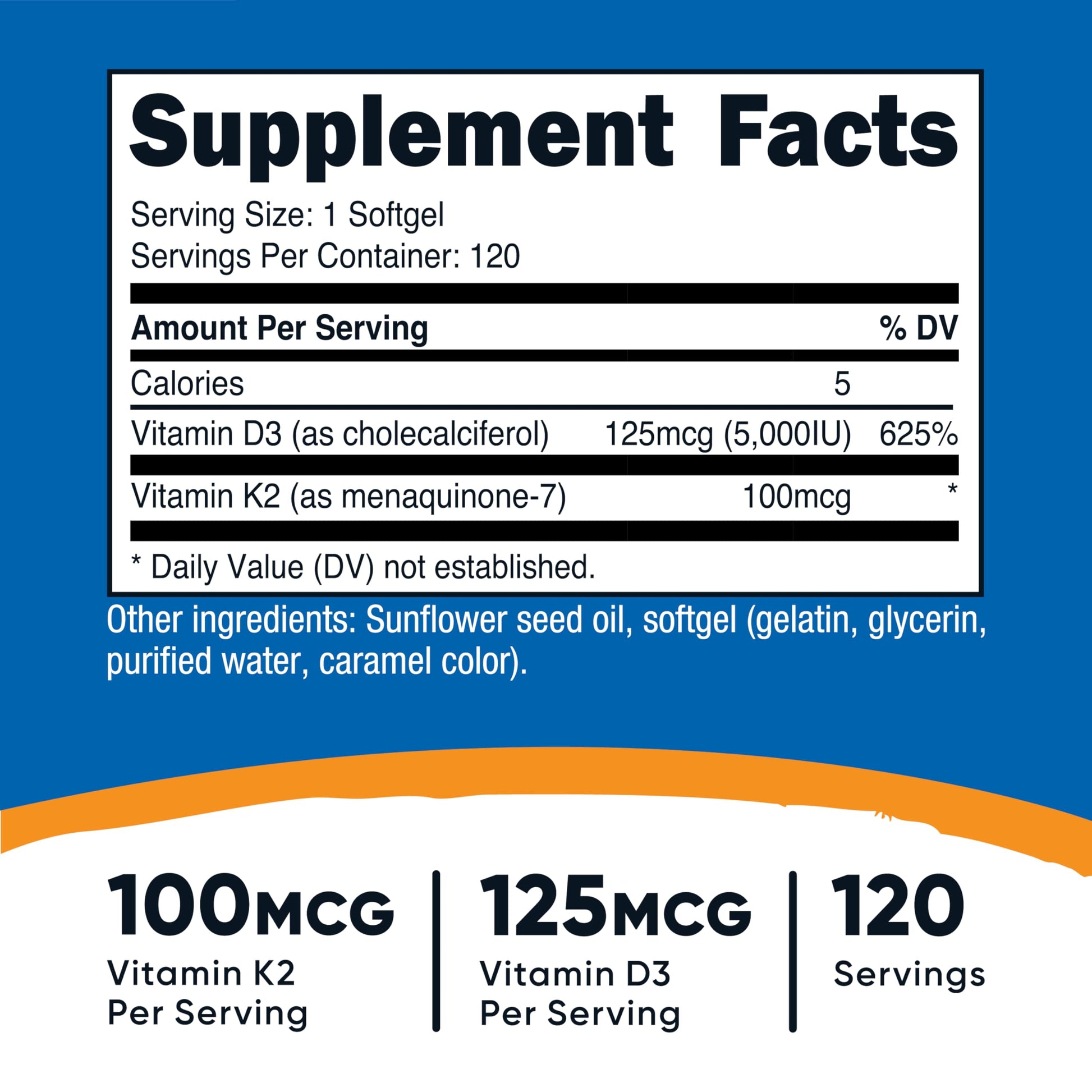 Nutricost Vitamin K2 (MK7) (100mcg) + Vitamin D3 (5000 IU) 120 Softgels - Gluten Free and Non-GMO - Medaid International