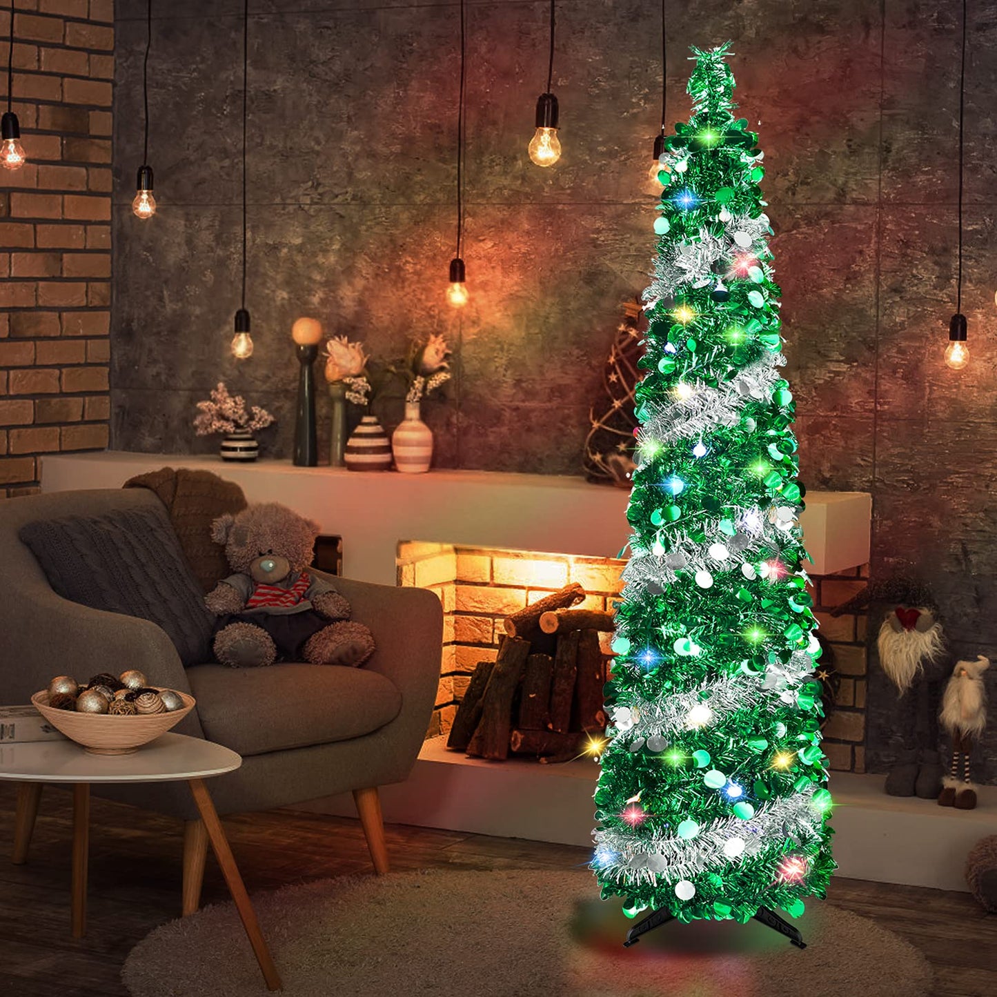 5 FT Christmas Trees with 90 Colorful Lights, Collapsible Artificial Sequin Pop Up Christmas Tree, Tall Skinny Pencil Tinsel Christmas Trees Xmas Tree for Home Apartment Basement Fireplace - Medaid International