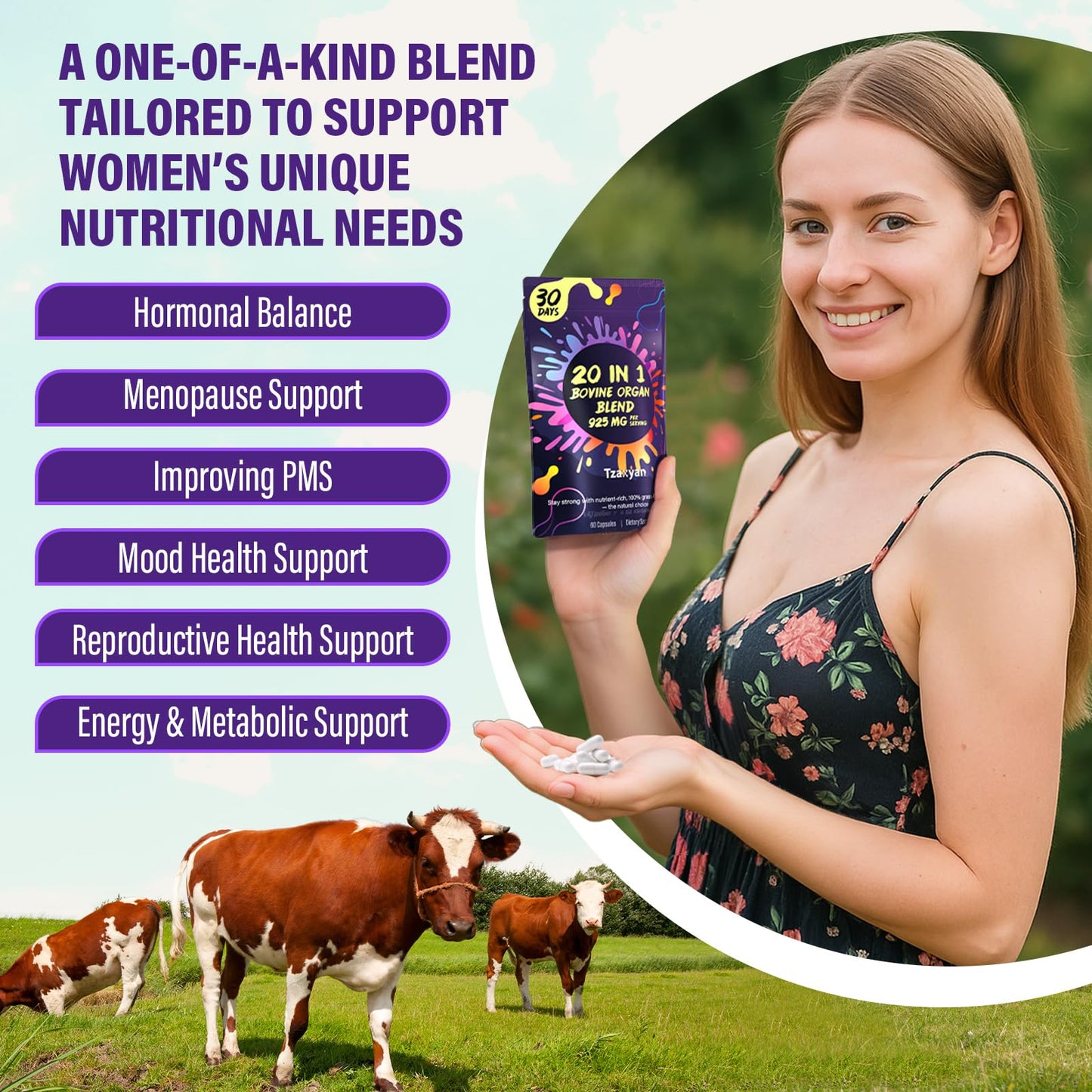 20-In-1 Beef Organ Supplement for Women, 925MG Grass Fed Beef Liver, Uterus, Ovary & 3 more with Maca, DIM, Black Cohosh, Vitamin & Mineral, Bovine organ Capsules for Hormone Balance, Energy, 30 Days - Medaid International