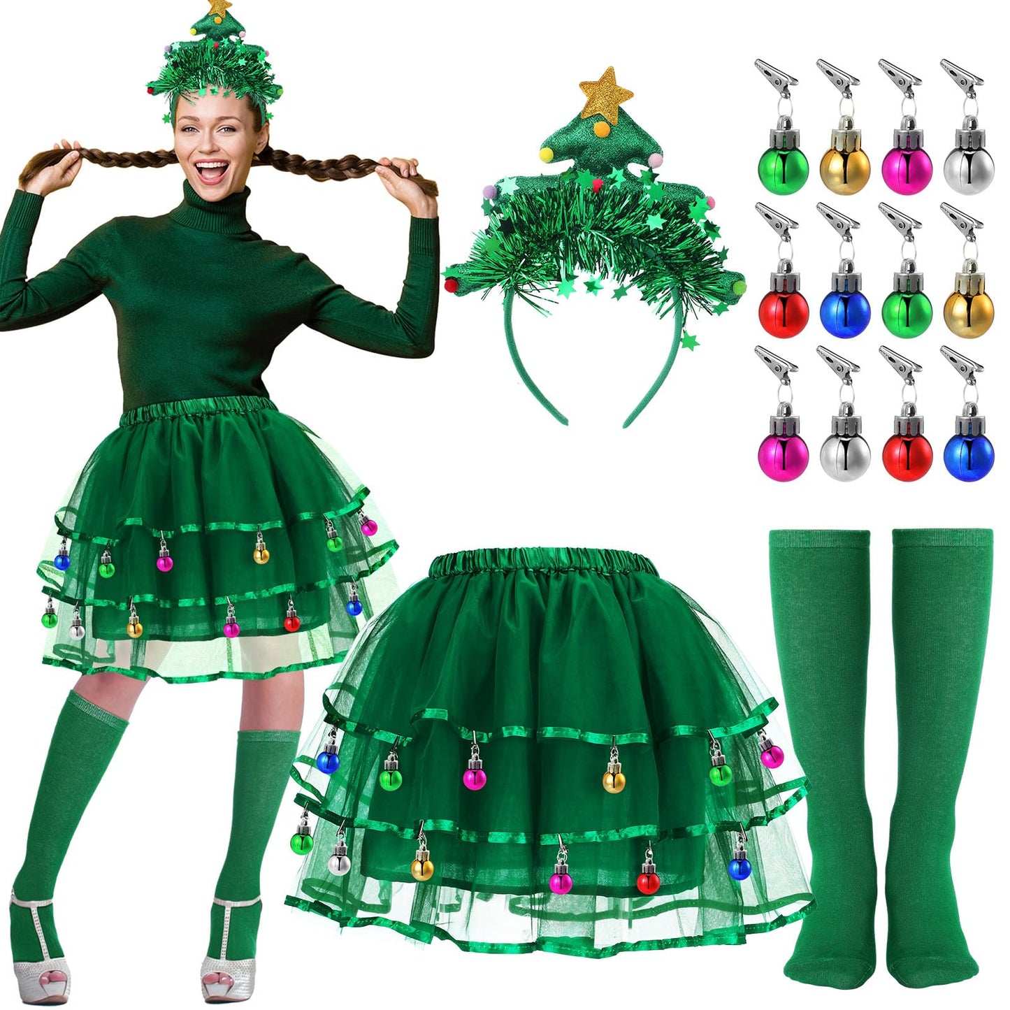 JenPen 4 Pcs Christmas Tree Costumes for Women Xmas Tutu Skirt Christmas Tree Headband Socks Xmas Outfit for Costume(Colored Clips) - Medaid International