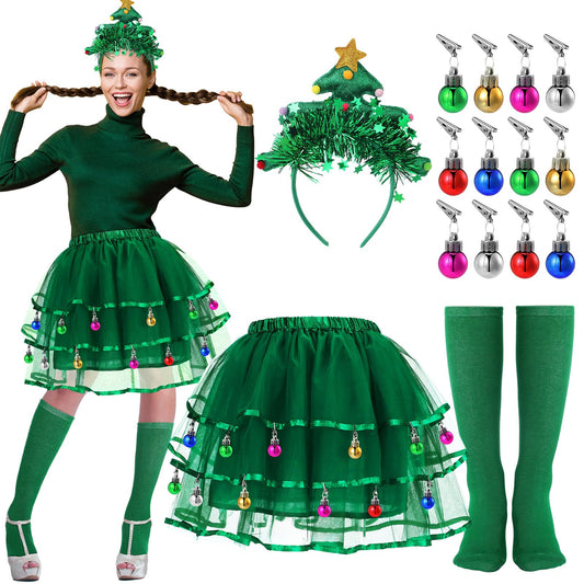 JenPen 4 Pcs Christmas Tree Costumes for Women Xmas Tutu Skirt Christmas Tree Headband Socks Xmas Outfit for Costume(Colored Clips) - Medaid International