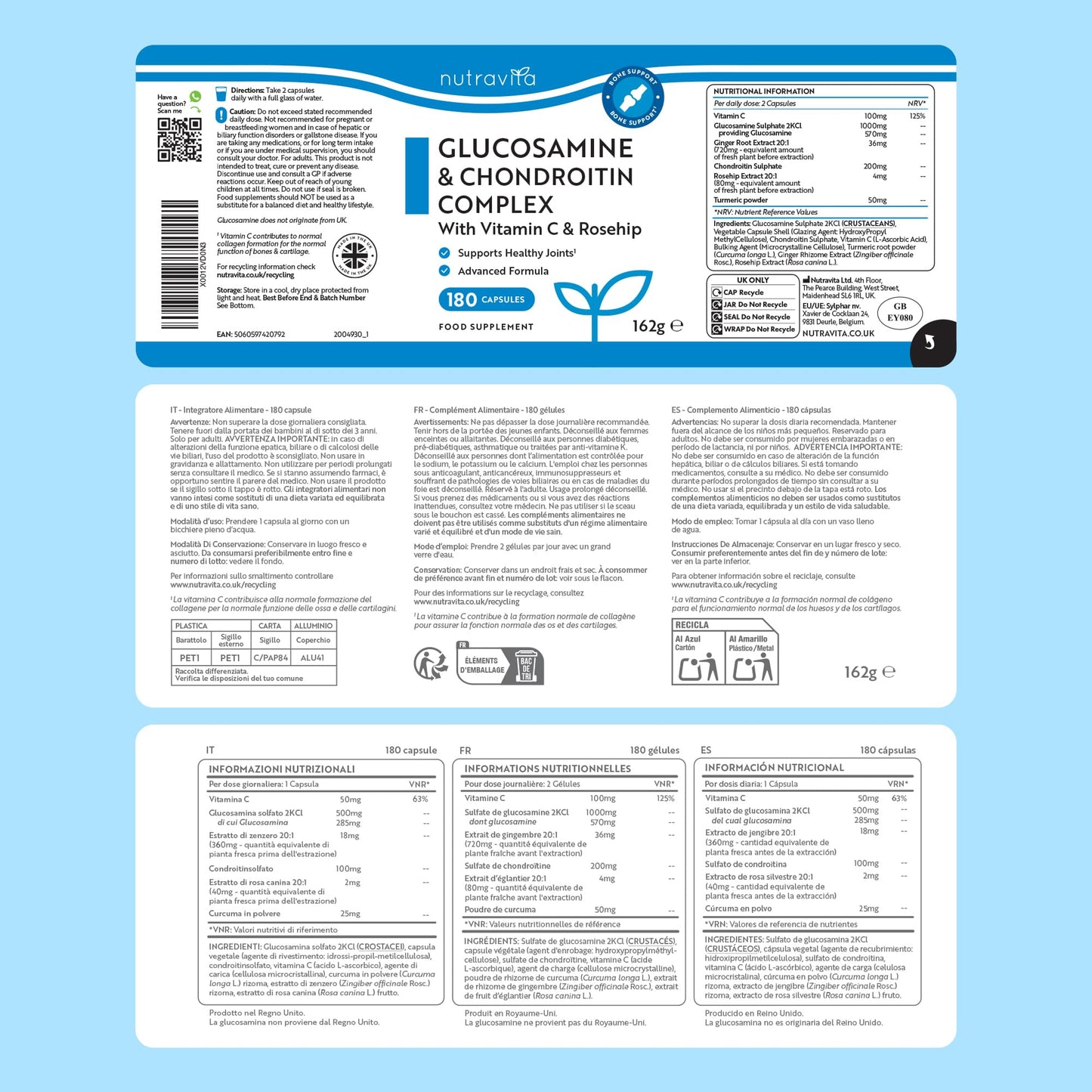 Glucosamine and Chondroitin Complex – 180 High Strength Capsules – Contributes to The Maintenance of Normal Immune System – with Vitamin C, Turmeric, Ginger and Rosehip - Medaid International