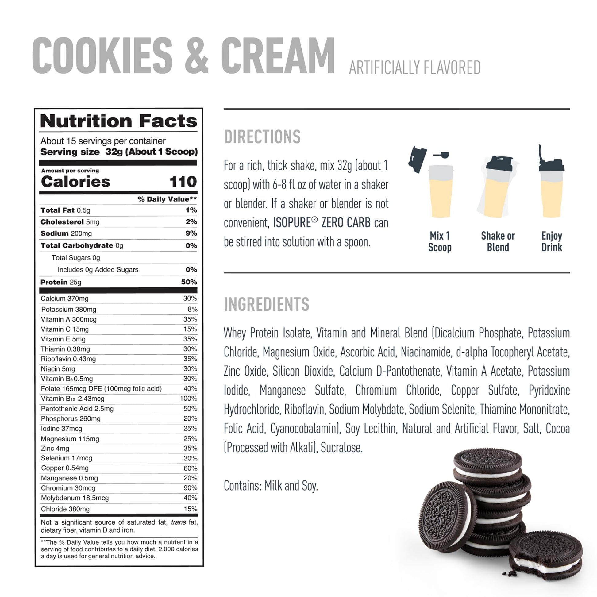 Isopure Zero Carb 100% Pure Whey Isolate Protein Powder, Lactose Free, Gluten Free, With Vitamins, Cookies & Cream, 25g Protein Per Serving, 1 Lb, 15 Servings (Packaging May Vary) - Medaid International