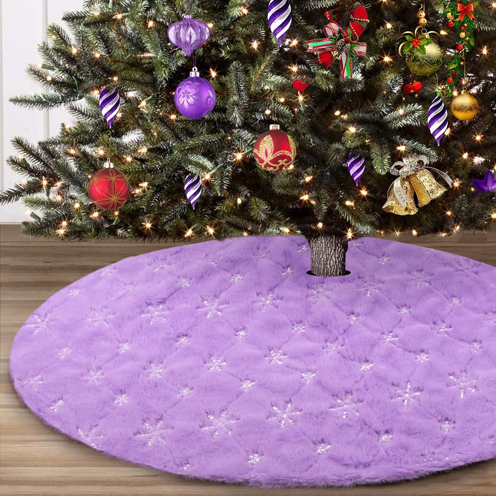 yuboo Purple Faux Fur Christmas Tree Skirt with Silver Snowflakes, 48 Inches Lavender Xmas Tree Mat for Purple Spring Easter Decorations for Home - Medaid International