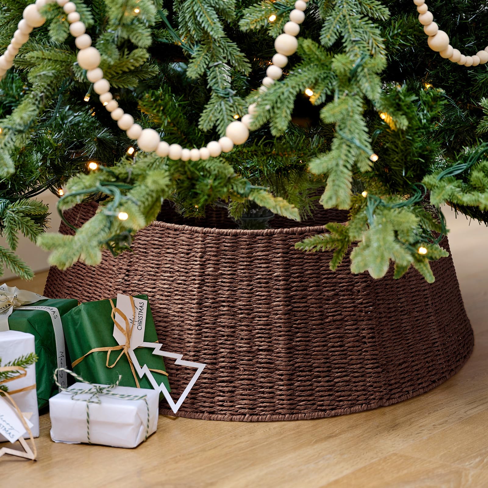 Hommtina Christmas Tree Collar- 26",Christmas Tree Base Christmas Tree Basket Collar for Home, Living Room,for Covering Tree Stand (Brown, 26 in) - Medaid International
