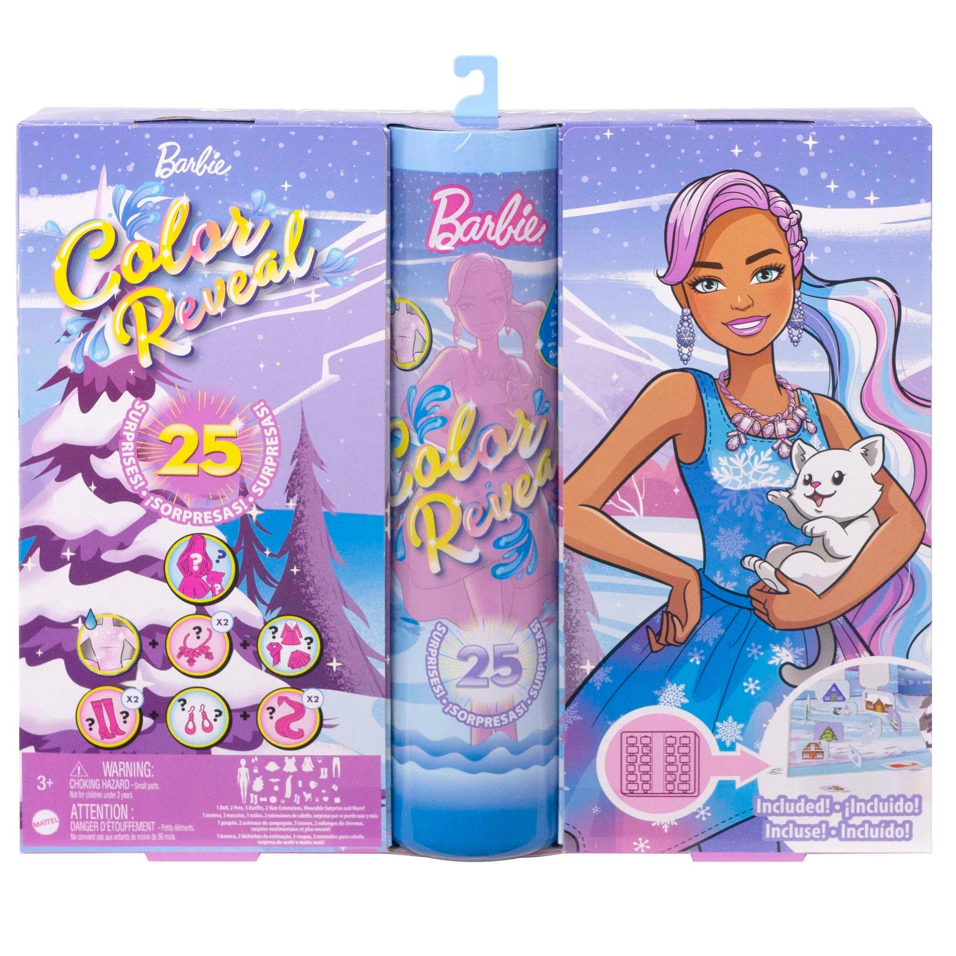 Barbie Color Reveal Advent Calendar, 1 Color Reveal Doll & 3 Pets, Clothes, Accessories & 2 Hair Extensions, 25 Surprises, for Kids - Medaid International
