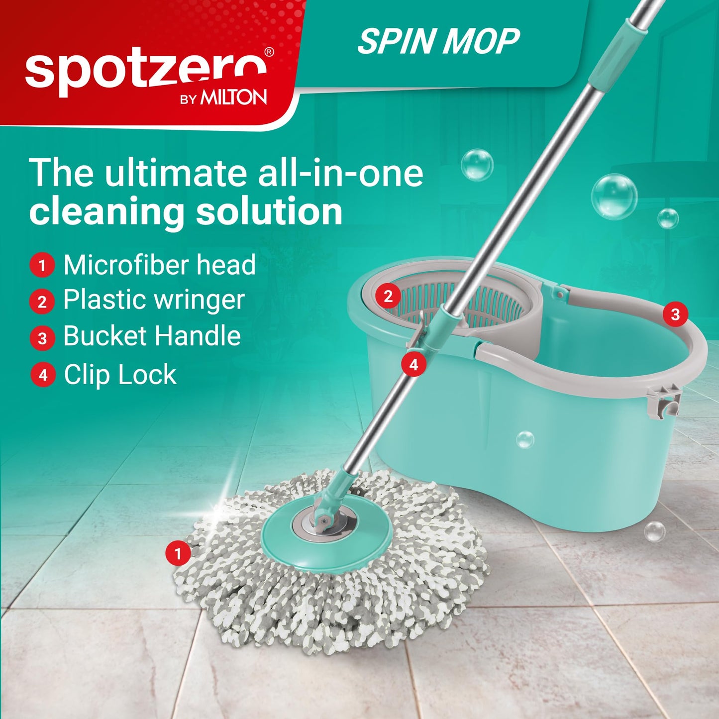 Spotzero by Milton Spin mop and Bucket with Wringer, Extendable Handle 360 Spin mops for Floor Cleaning, 1 Microfiber Refills, Aqua Green, Ace Spin Mop - Medaid International