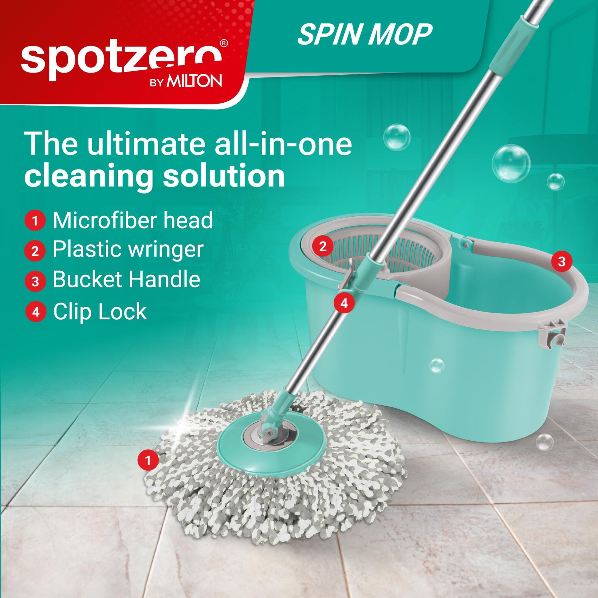 Spotzero by Milton Spin mop and Bucket with Wringer, Extendable Handle 360 Spin mops for Floor Cleaning, 1 Microfiber Refills, Aqua Green, Ace Spin Mop - Medaid International