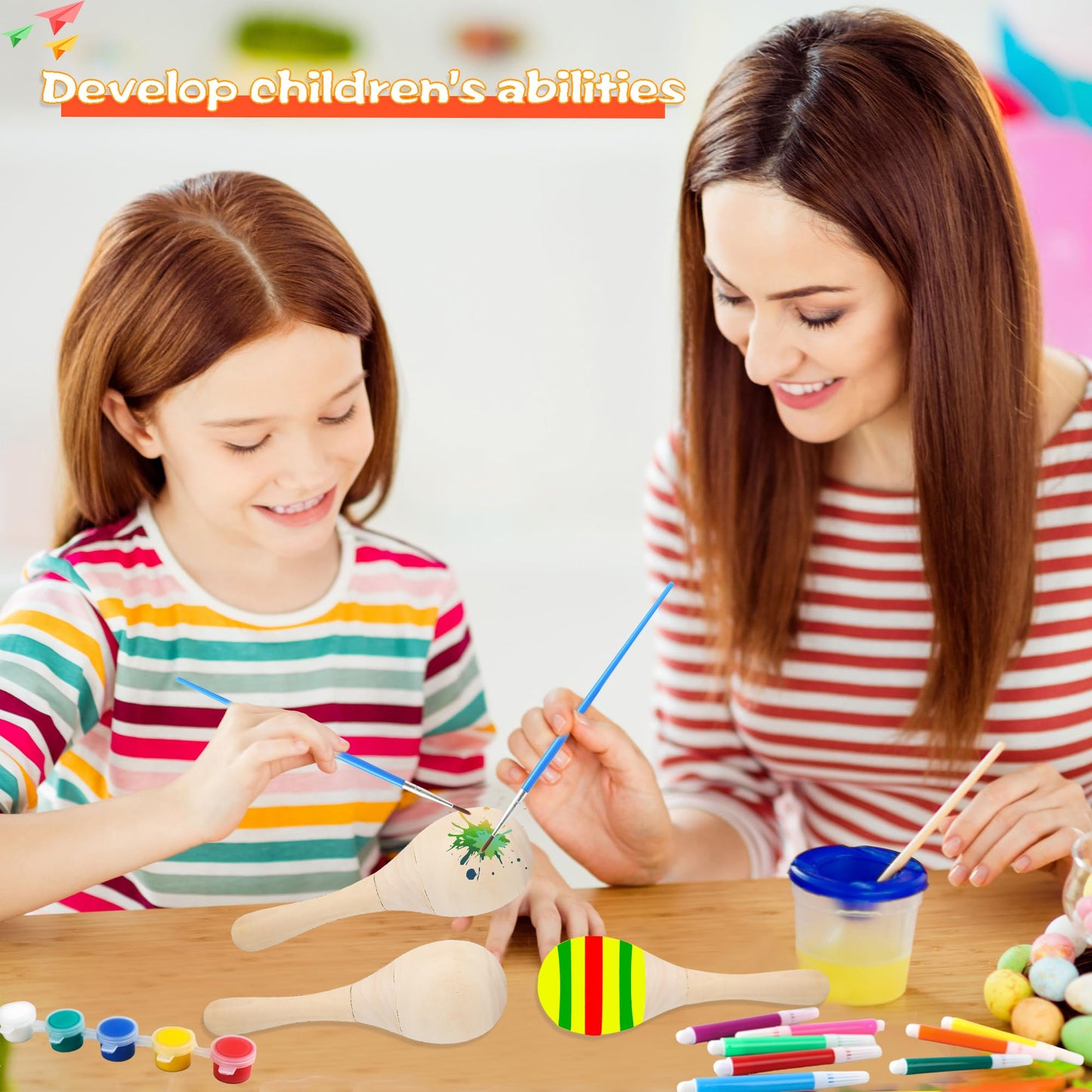 28 عبوة من 28 قطعة من ماراكاس الخشبية الصغيرة مع 32 قطعة من ادوات الطلاء المطلية ماراكاس غير مكتملة لمستلزمات الحفلات المكسيكية فيستا سينكو دي مايو - Medaid International