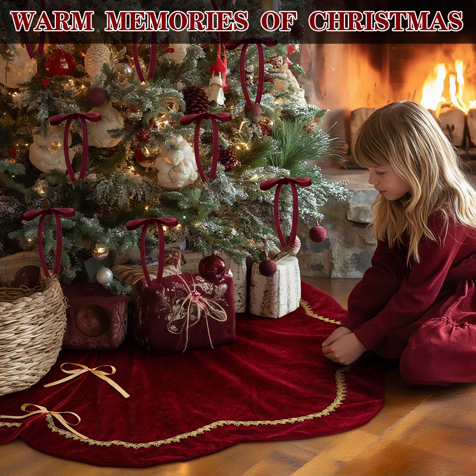 Arrowbash Christmas Tree Skirt 48 Inch Red Velvet Fur Scallop Tree Skirt Sparking Gold Lace Trim for Party Rustic Xmas Holiday Decorations All Year - Medaid International