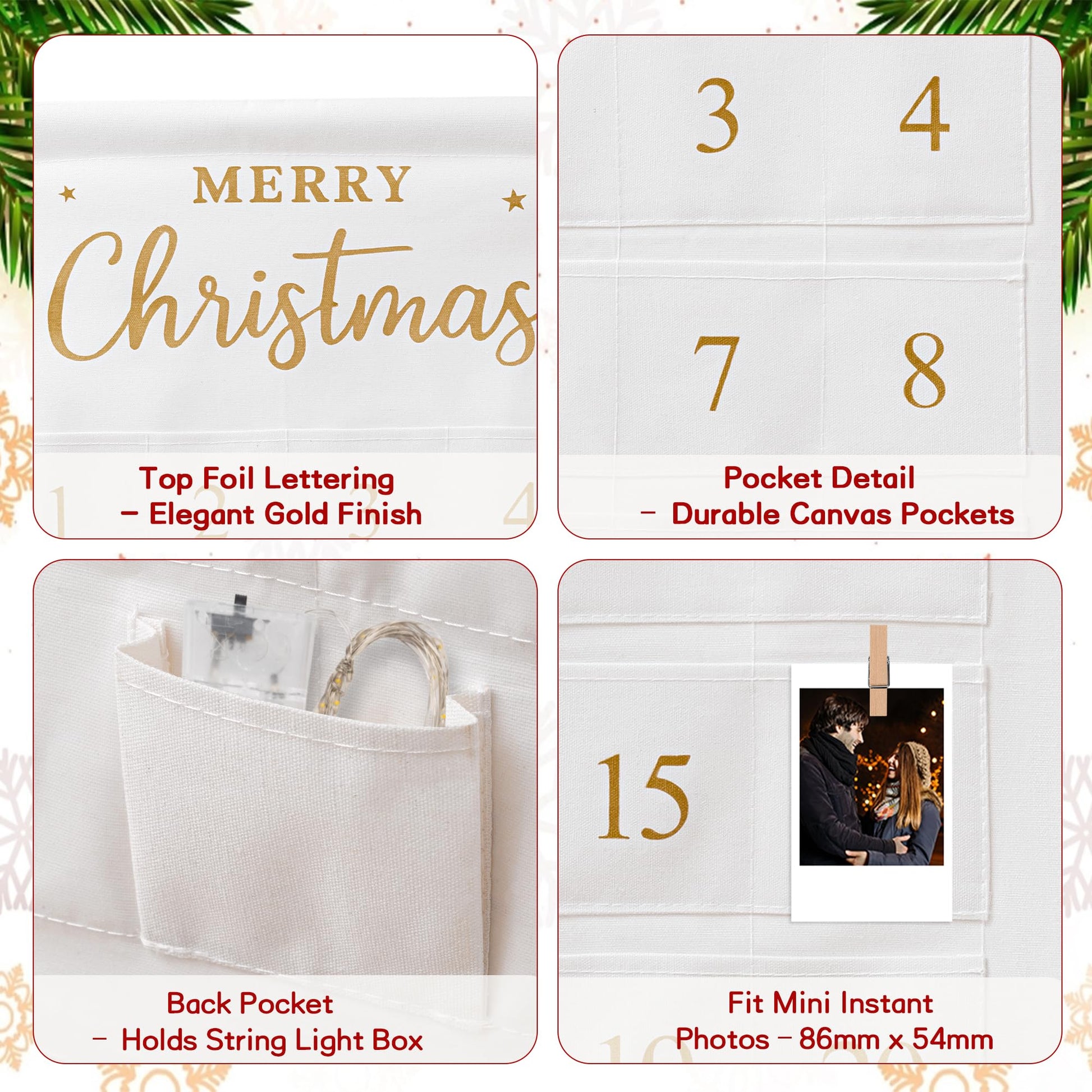 Christmas Picture Countdown Board Photo Advent Calendar with Pockets Reusable Photo-Display Collage Board for Festival Memory Countdown - Medaid International