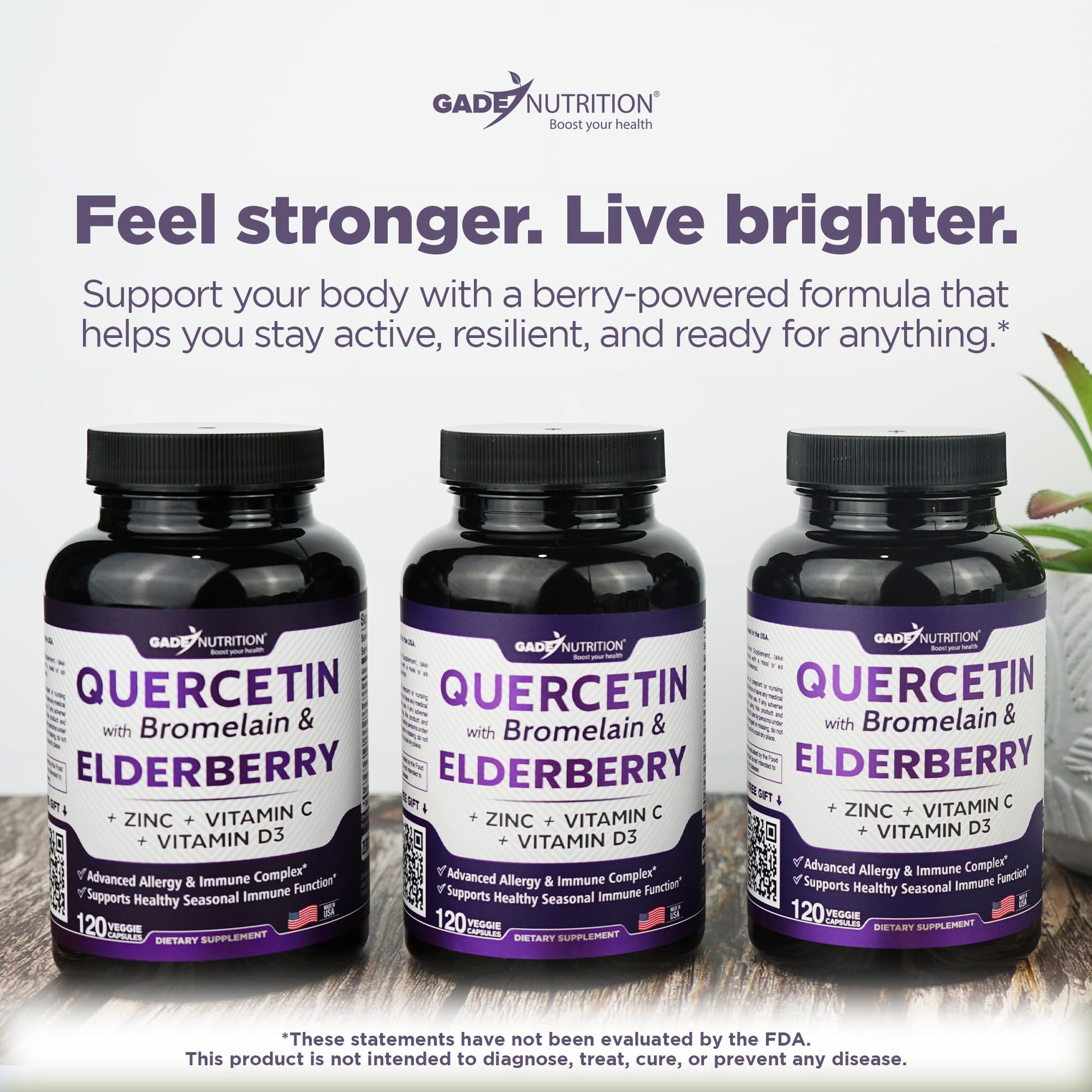 Gade Nutrition Quercetin with Bromelain & Elderberry | Quercetin with Vitamin C and Zinc | Zinc Quercetin 500mg with Vitamin D3 | Daily Immune Support Supplement - 2 Months Supply - Medaid International