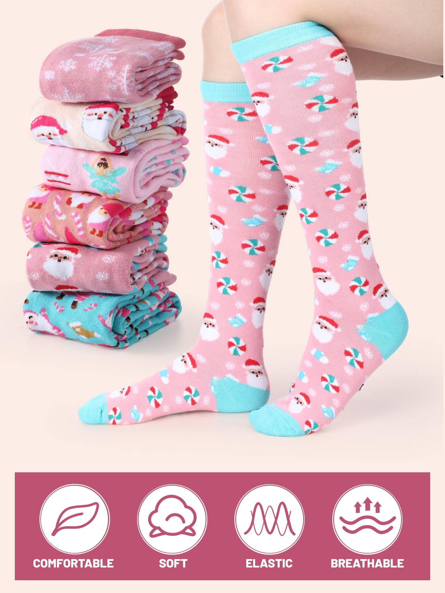 Croloose 6 Pairs Pink Christmas Socks for Women Girls Fun Santa Gnome Nutcracker Snowflake Cotton Xmas Stocking Socks(Knee High Style) - Medaid International