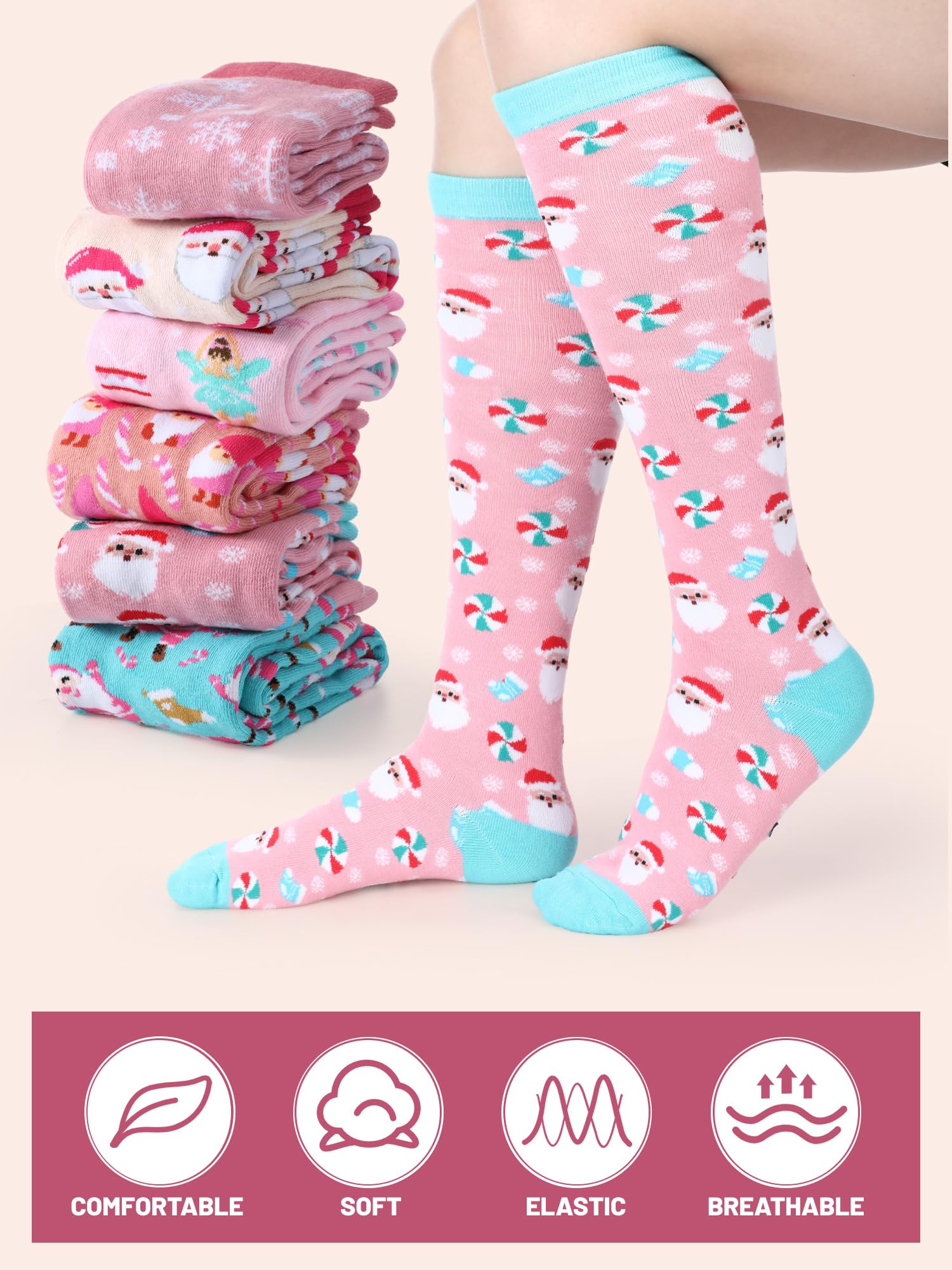 Croloose 6 Pairs Pink Christmas Socks for Women Girls Fun Santa Gnome Nutcracker Snowflake Cotton Xmas Stocking Socks(Knee High Style) - Medaid International