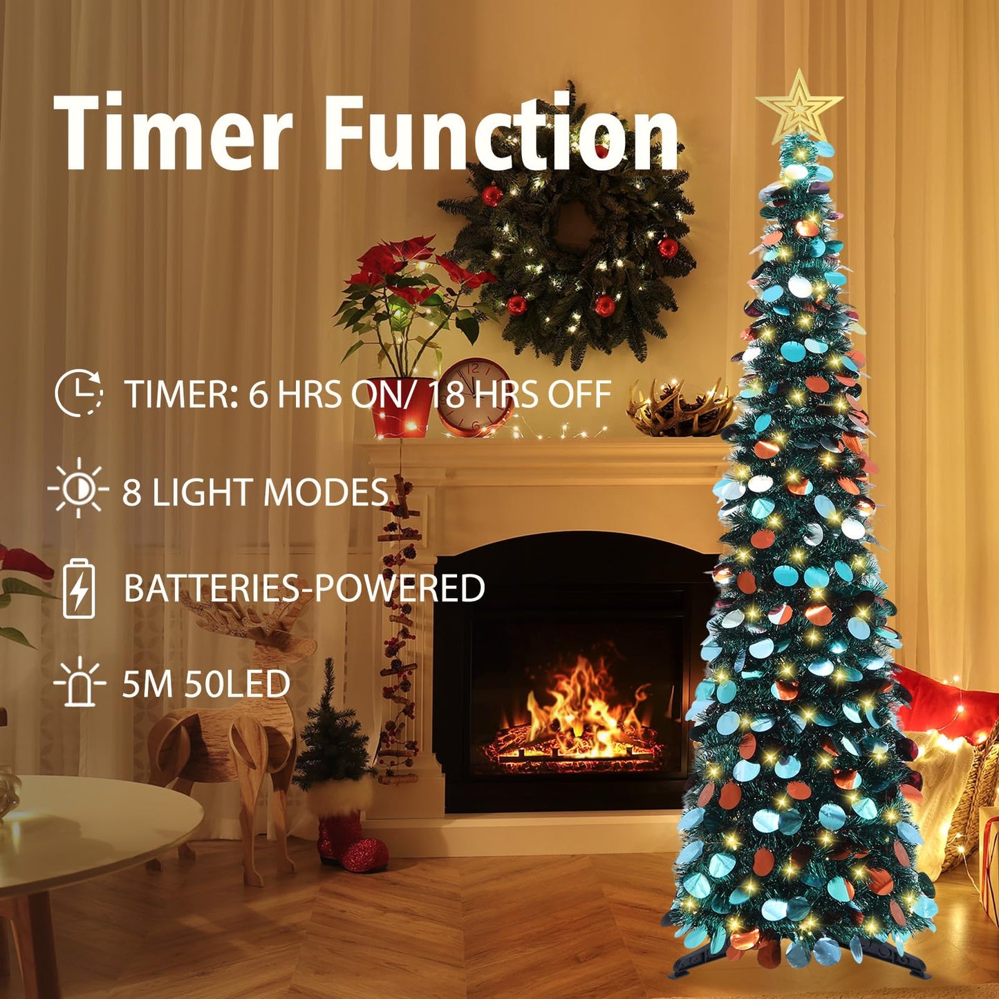 HMASYO 5 FT Pop Up Christmas Tree with Timer Lights, Blue Christmas Tinsel Tree, Collapsible Artificial Pencil Christmas Tree for Indoor Home Apartment Porch Holiday Party Decorations - Medaid International