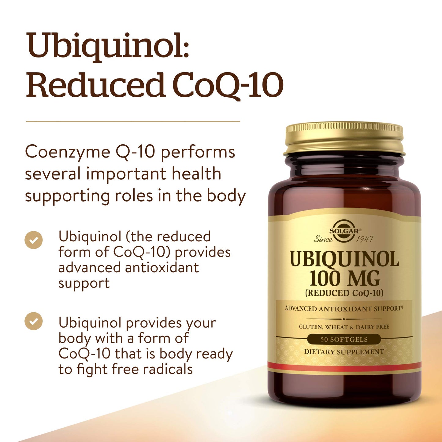 Solgar Ubiquinol 100 mg, 50 Softgels - Advanced Antioxidant Support - Reduced Coenzyme Q10 (CoQ-10) - Gluten Free, Dairy Free - 50 Servings, Standard Packaging - Medaid International