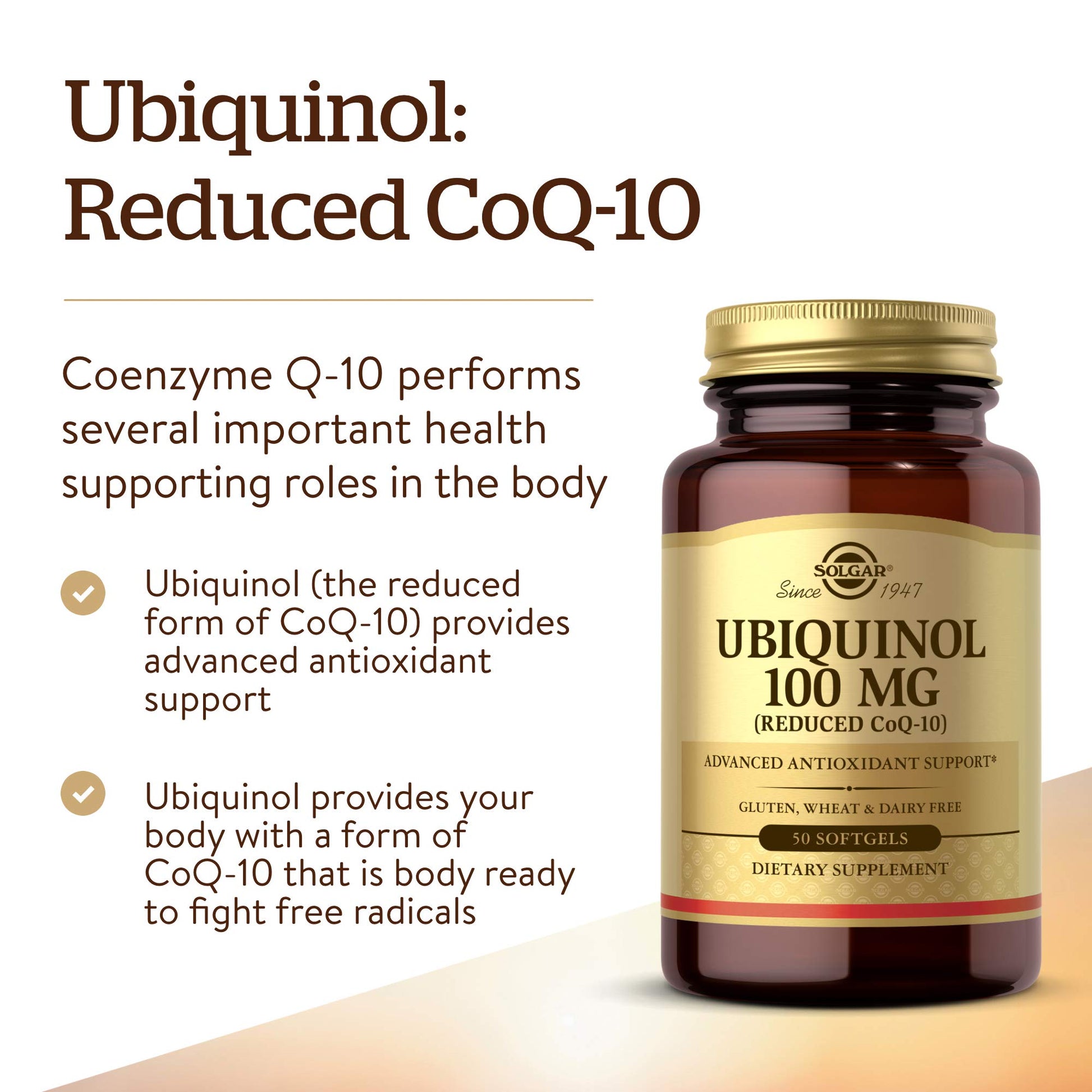 Solgar Ubiquinol 100 mg, 50 Softgels - Advanced Antioxidant Support - Reduced Coenzyme Q10 (CoQ-10) - Gluten Free, Dairy Free - 50 Servings, Standard Packaging - Medaid International