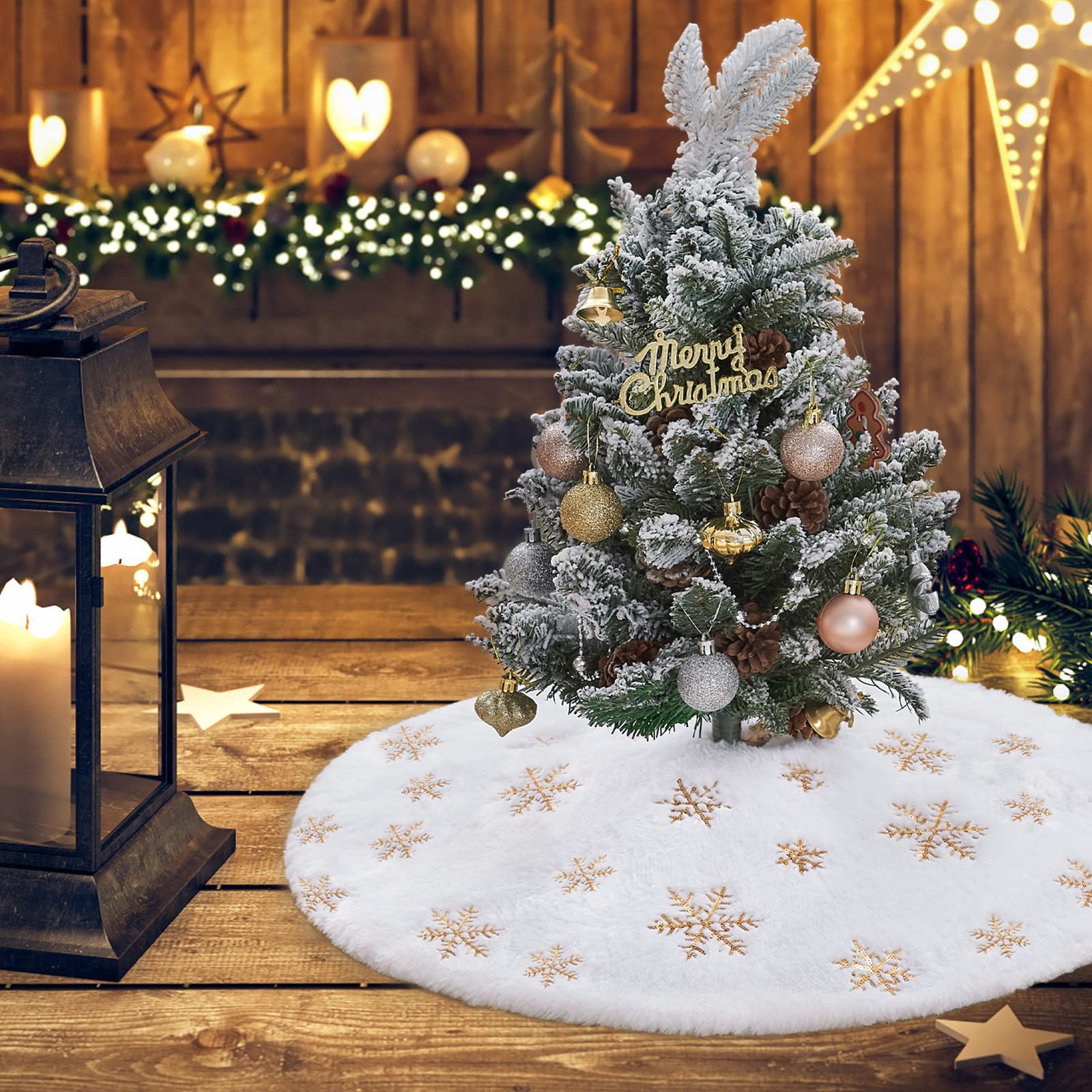 White Christmas Tree Skirt Small 24inch Faux Fur Tree Skirt Sequin Tree Carpet Mini Gold Glitter Tree Skirting Double Layers for Party Xmas Holiday Party Decorations Round Tree Skirt - Medaid International