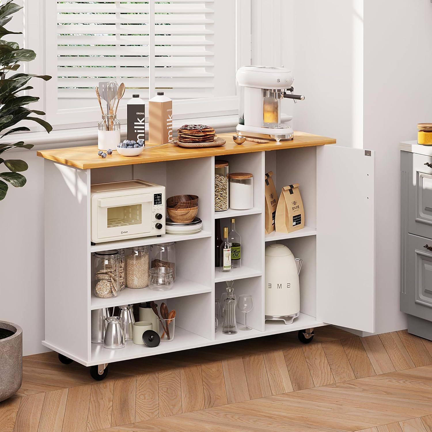 Shintenchi Kitchen Island Cart with Storage,Rolling Kitchen Island Storage Cabinet,Side Table on Wheels with Worktop,3 Open Shelves and 3 Drawers for Kitchen,Dinning Room, White - Medaid International