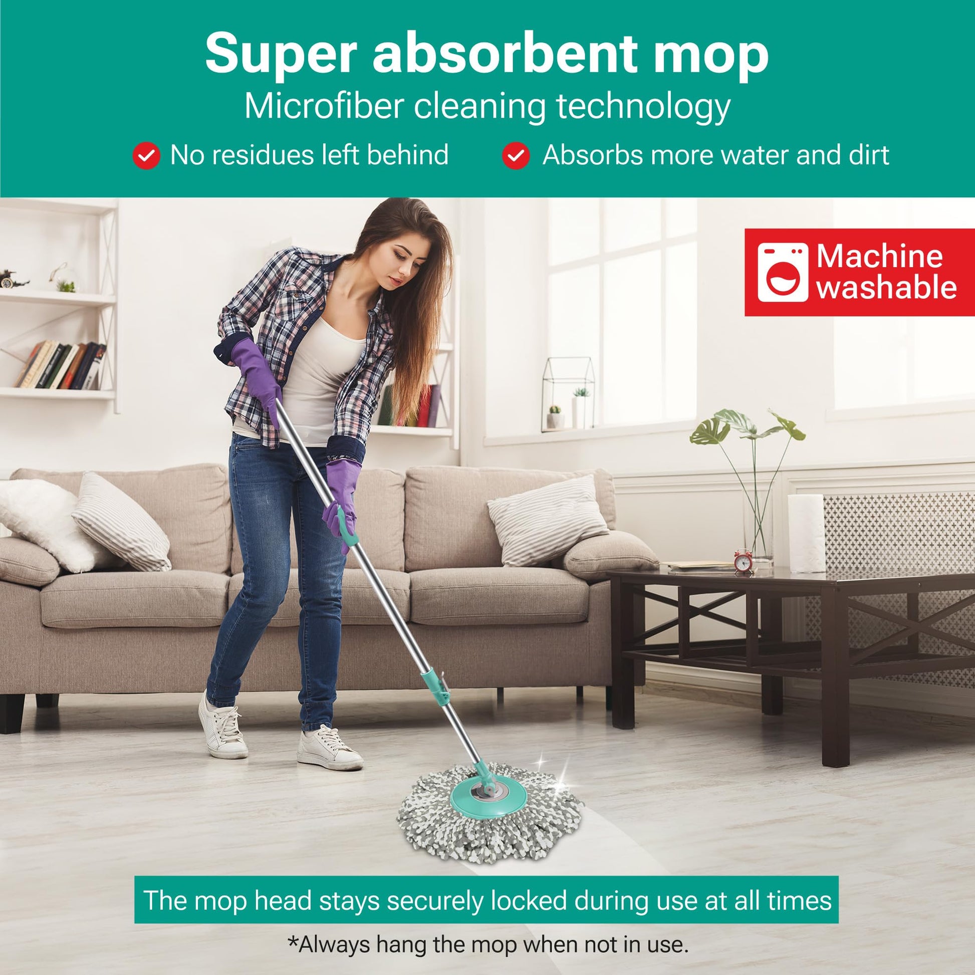 Spotzero by Milton Spin mop Bucket with Wringer on Wheels, Extendable Handle 360 Spin mops for Floor Cleaning, 2 Microfiber Refills, Aqua Green Elite - Medaid International