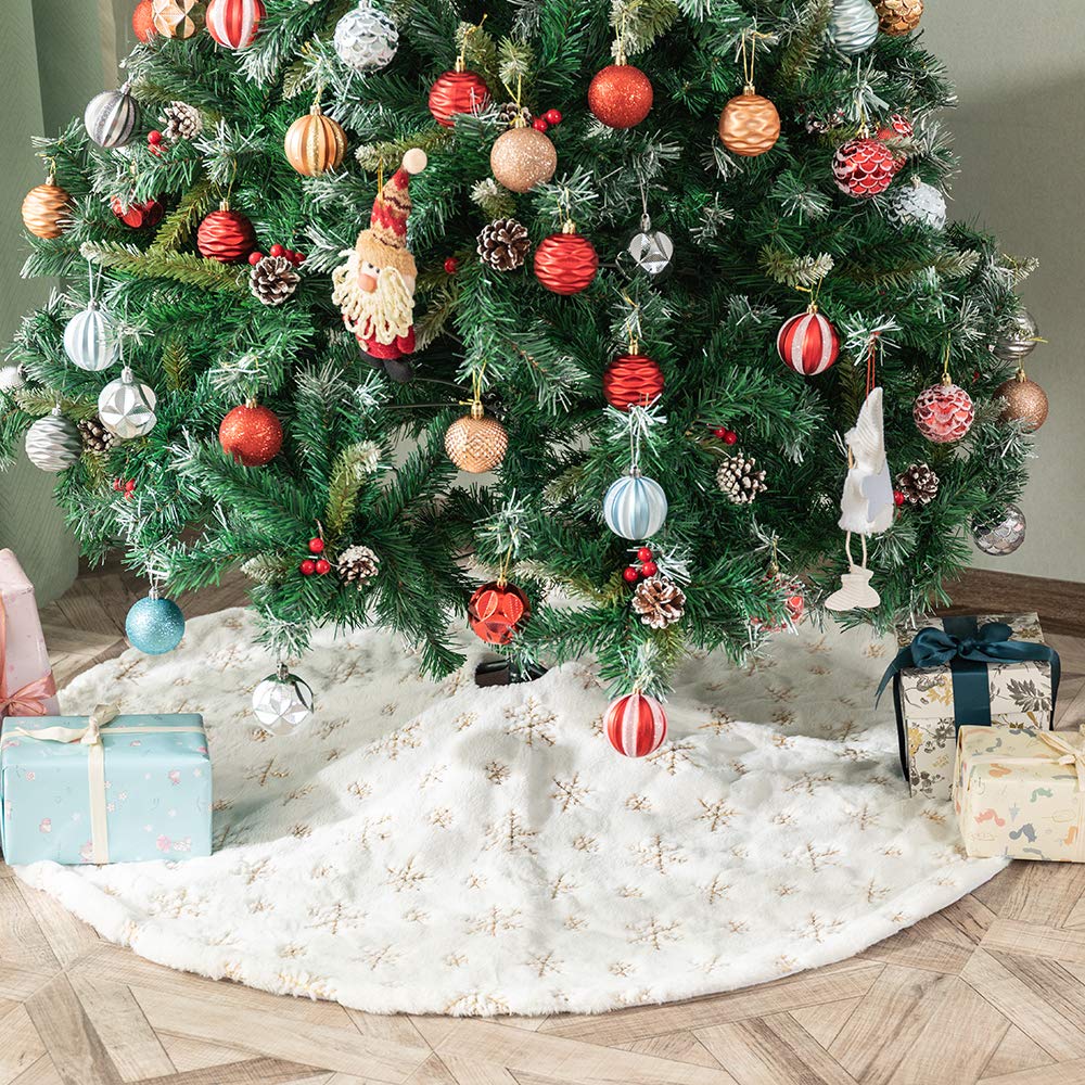 Amidaky Christmas Tree Skirt 36 inches White Faux Fur Gold Snowflake Sequin Embroidered Luxury Tree Skirt Xmas Decoration - Medaid International