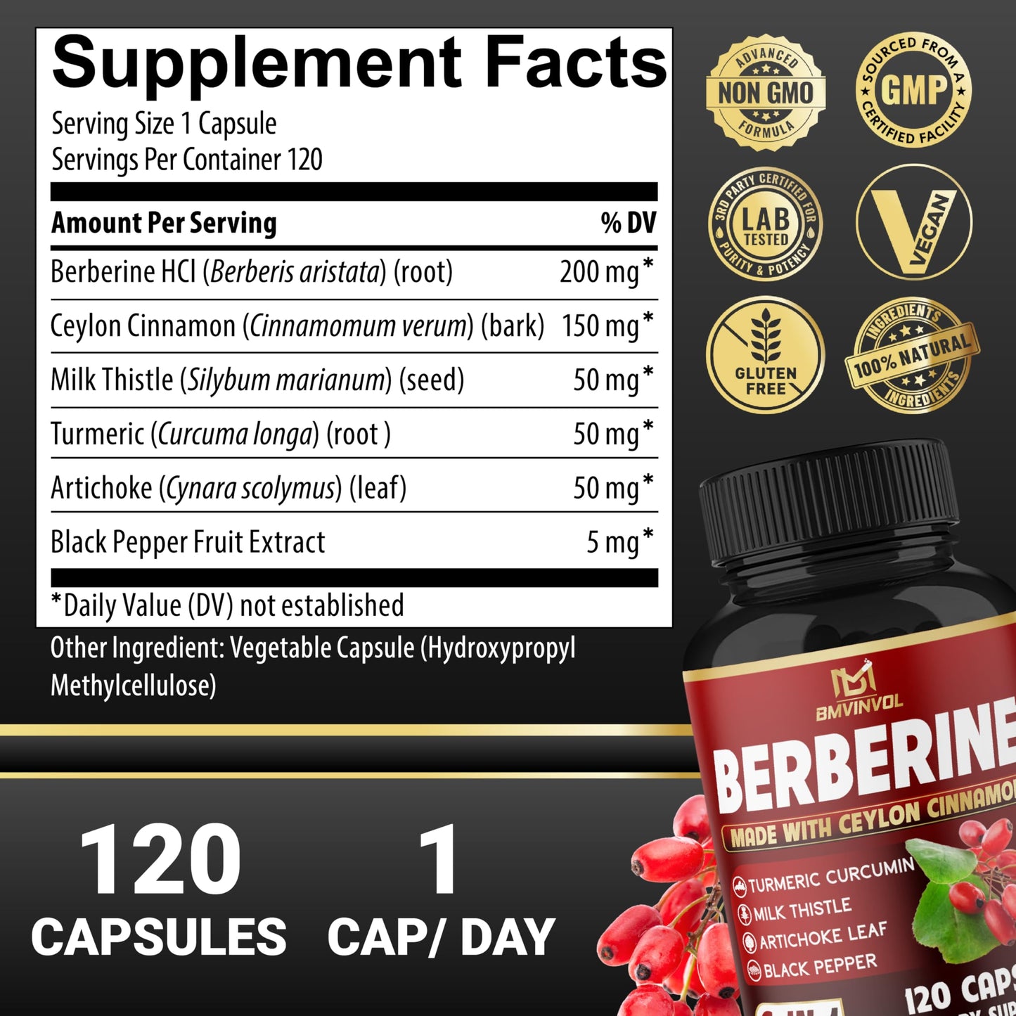 Berberine, Ceylon Cinnamon, Turmeric, Milk Thistle, Artichoke, Black Pepper - 120 Capsules for Digestion, Immunity [4-Month Supply] - Medaid International