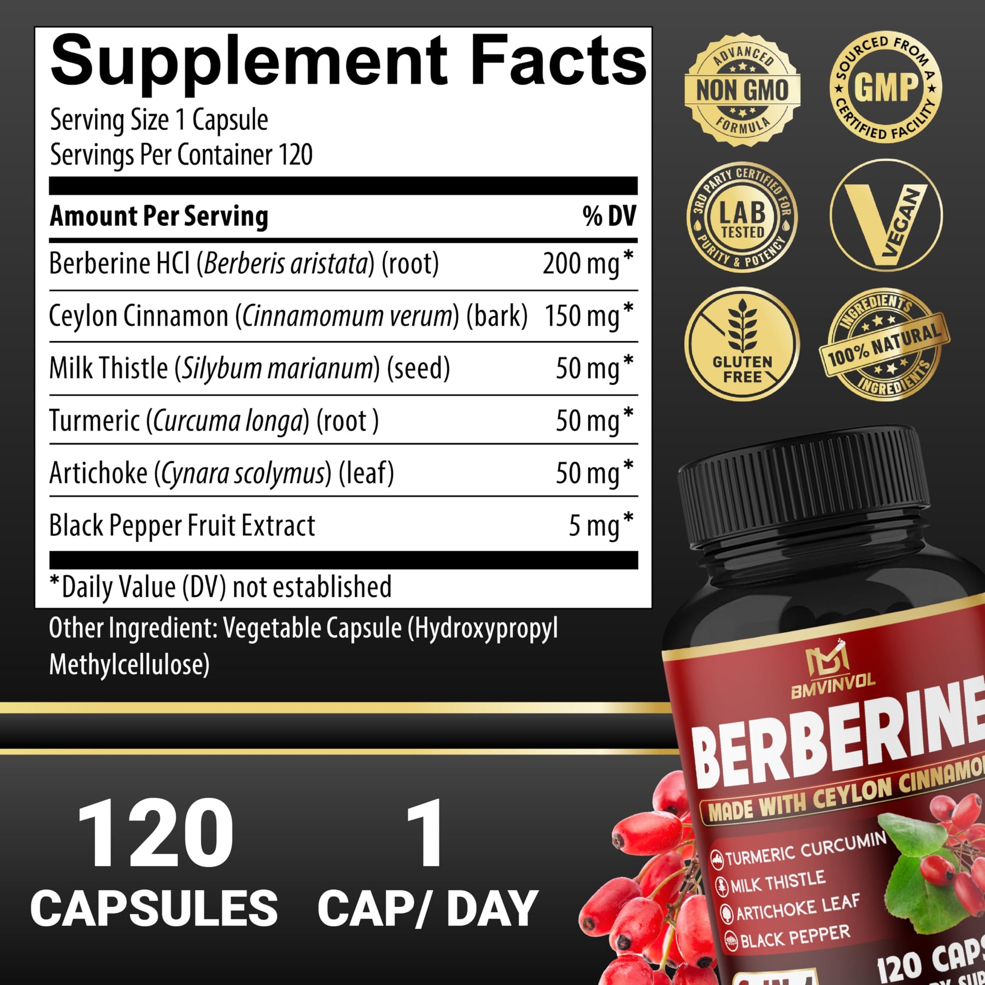 Berberine, Ceylon Cinnamon, Turmeric, Milk Thistle, Artichoke, Black Pepper - 120 Capsules for Digestion, Immunity [4-Month Supply] - Medaid International