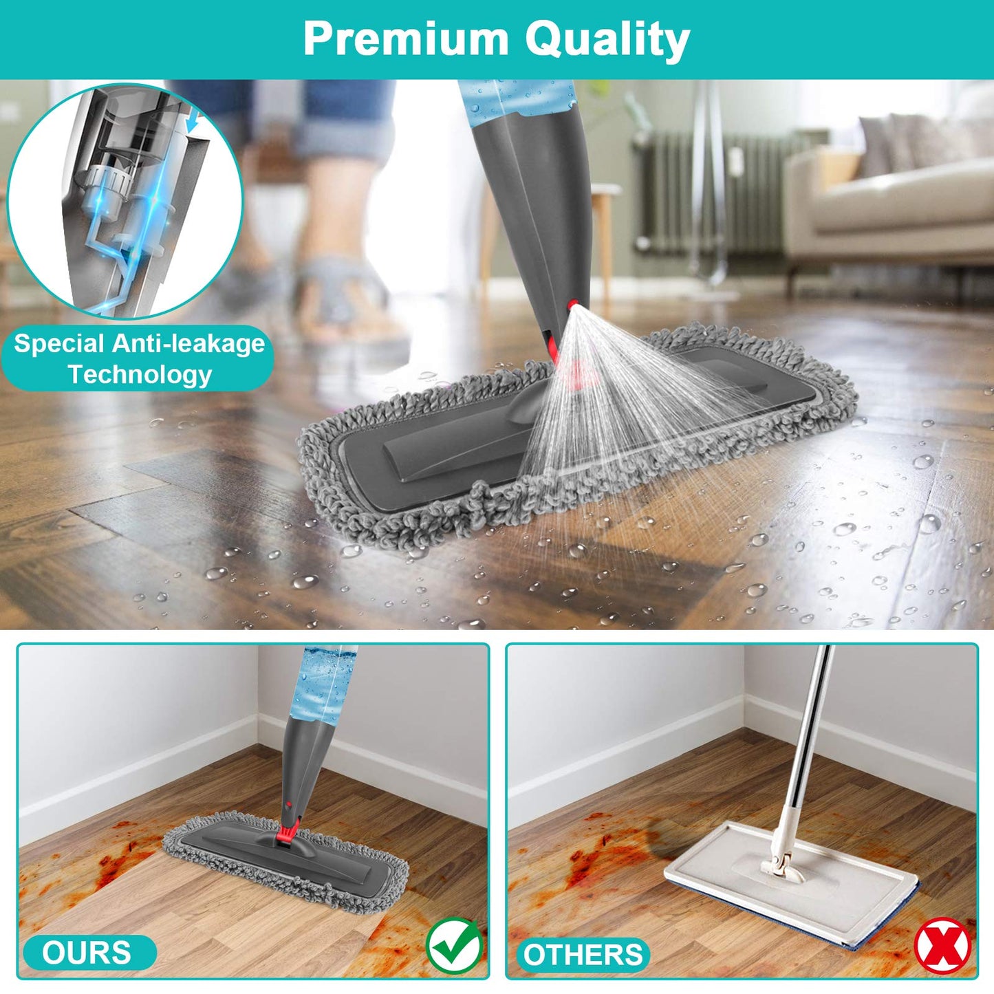 Spray Mop for Floor Cleaning with 3pcs Washable Pads - Wet Dry Microfiber Mop with 800 ml Refillable Bottle for Kitchen Wood Floor Hardwood Laminate Ceramic Tiles Floors Dust Cleaning - Medaid International