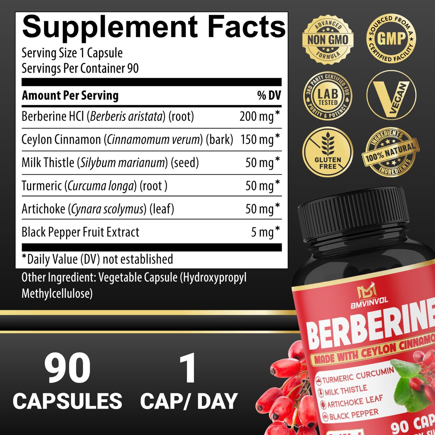 Berberine, Ceylon Cinnamon, Turmeric, Milk Thistle, Artichoke, Black Pepper - 90 Capsules for Digestion, Immunity [3-Month Supply] - Medaid International