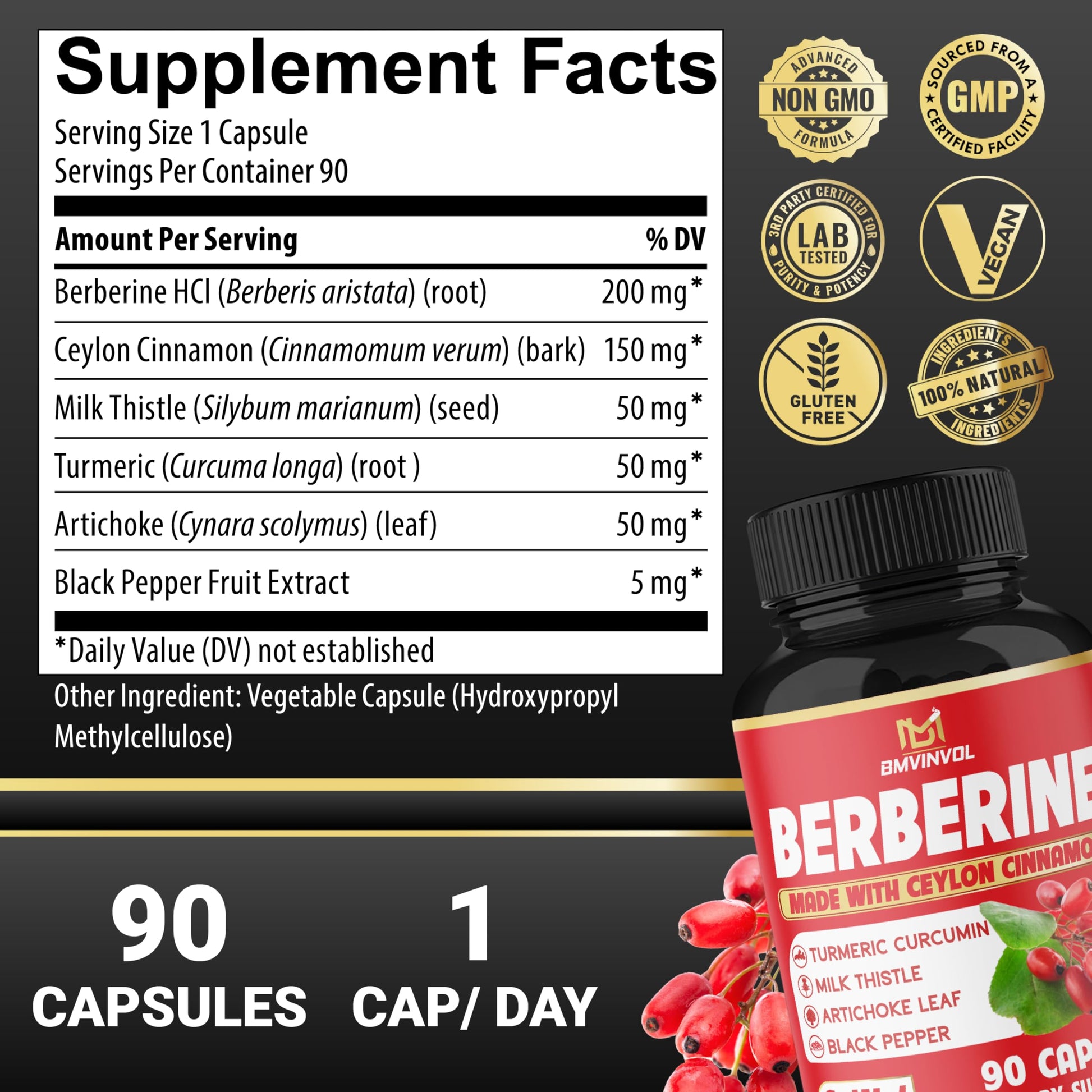 Berberine, Ceylon Cinnamon, Turmeric, Milk Thistle, Artichoke, Black Pepper - 90 Capsules for Digestion, Immunity [3-Month Supply] - Medaid International