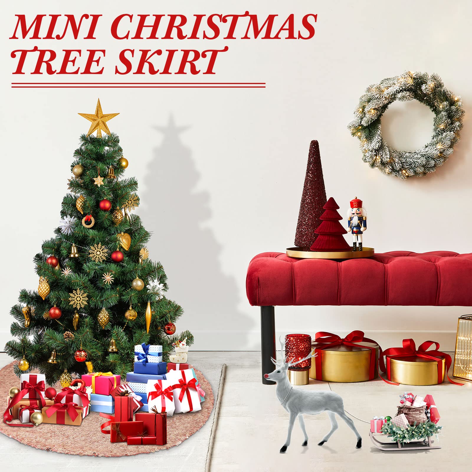 Rose Gold 15 Inch Mini Christmas Tree Skirt - Sequin, Slim, Small Tree Decoration for Hotel Holiday Bar - Medaid International