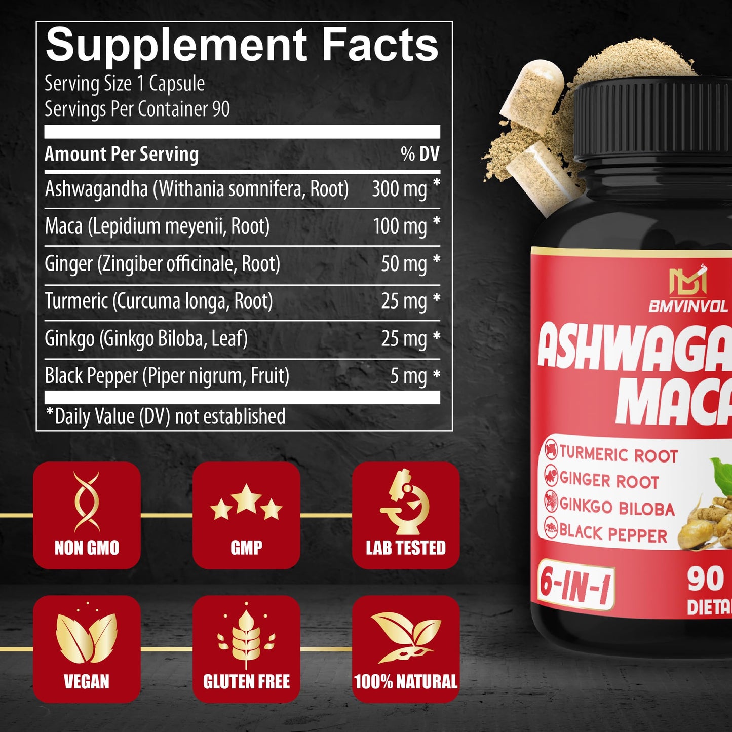 Ashwagandha Maca Root with Turmeric, Ginger, Ginkgo Biloba, Black Pepper - 90 Count - 3 Month Supply - Medaid International