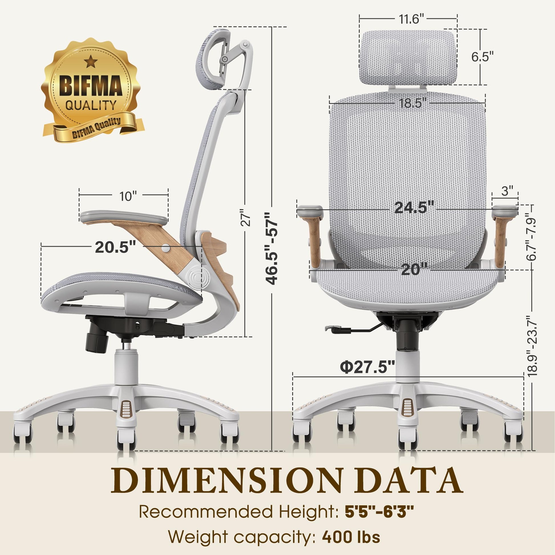 GABRYLLY Ergonomic Office Chair, High Back Home Desk Chair with Flip-Up Arms, Headrest, 90-120° Tilt and Wide Cushion, 400LBS White Mesh Chair for Work Gaming Study (GY01-NT, Woodgrain Pattern) - Medaid International