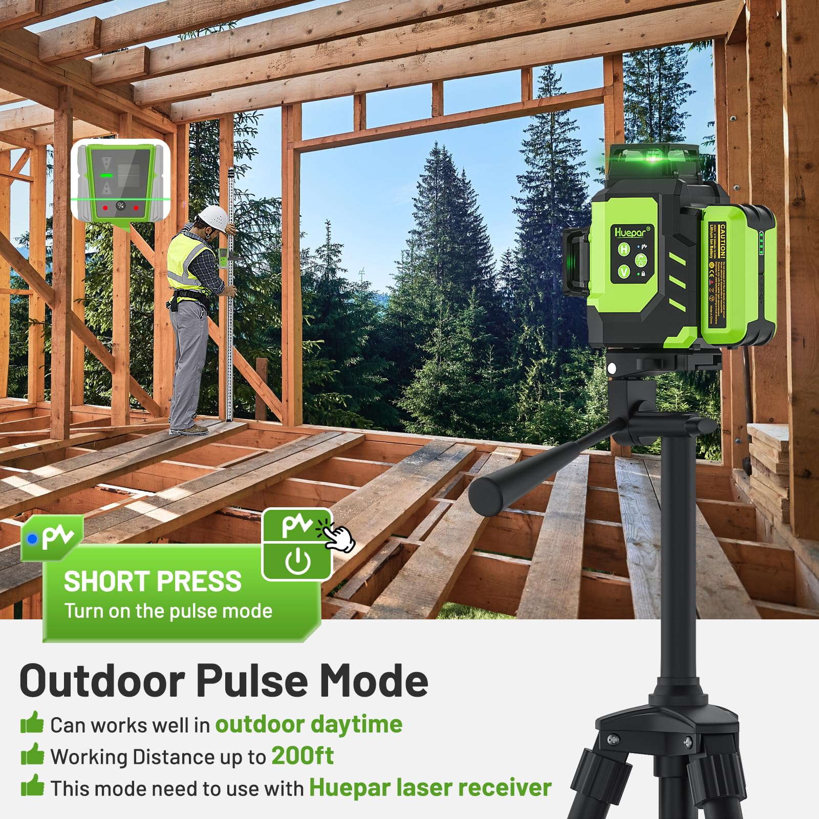 Huepar Laser Level 3x360 Self Leveling with 2 Rechargeable Batteries, 3D 12 Lines High Brightness Green Laser Level for Construction or Home Renovation, LS03CG - Medaid International