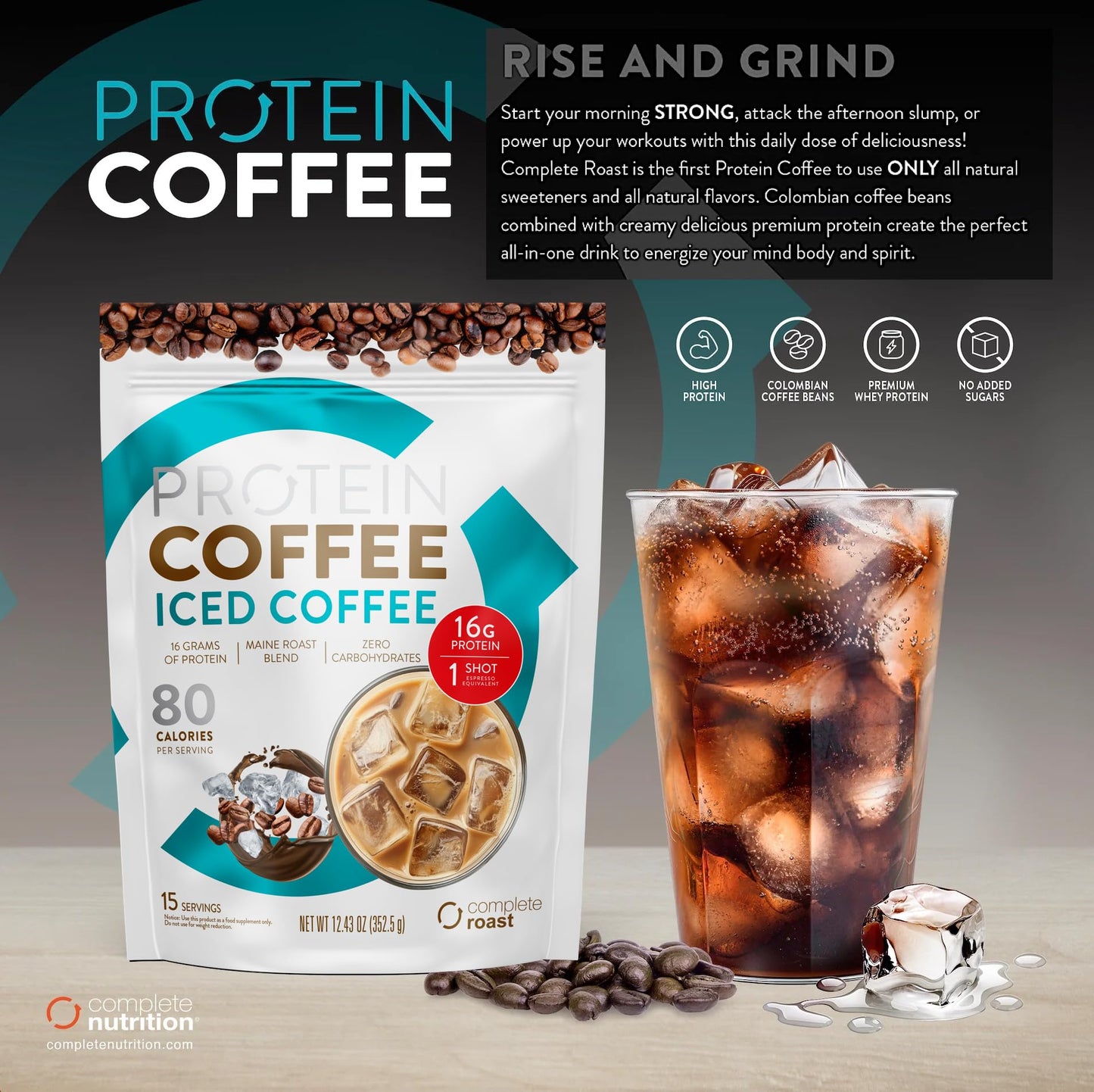 Complete Roast Iced Protein Coffee - 16g Protein, 0 Carbs, Non GMO Whey- 30 serv. - Medaid International