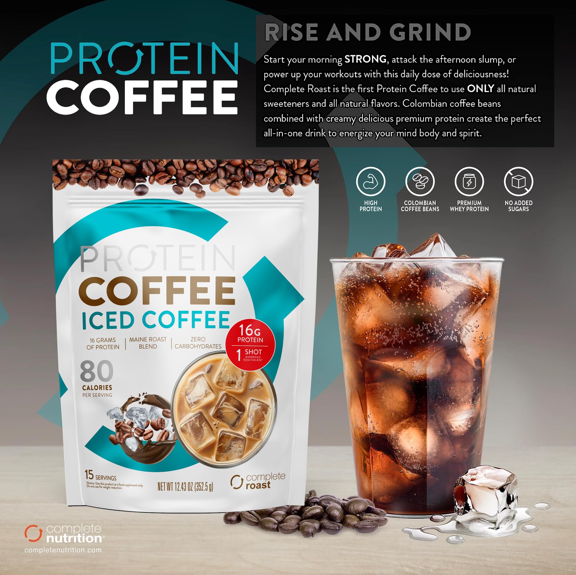 Complete Roast Iced Protein Coffee - 16g Protein, 0 Carbs, Non GMO Whey- 30 serv. - Medaid International