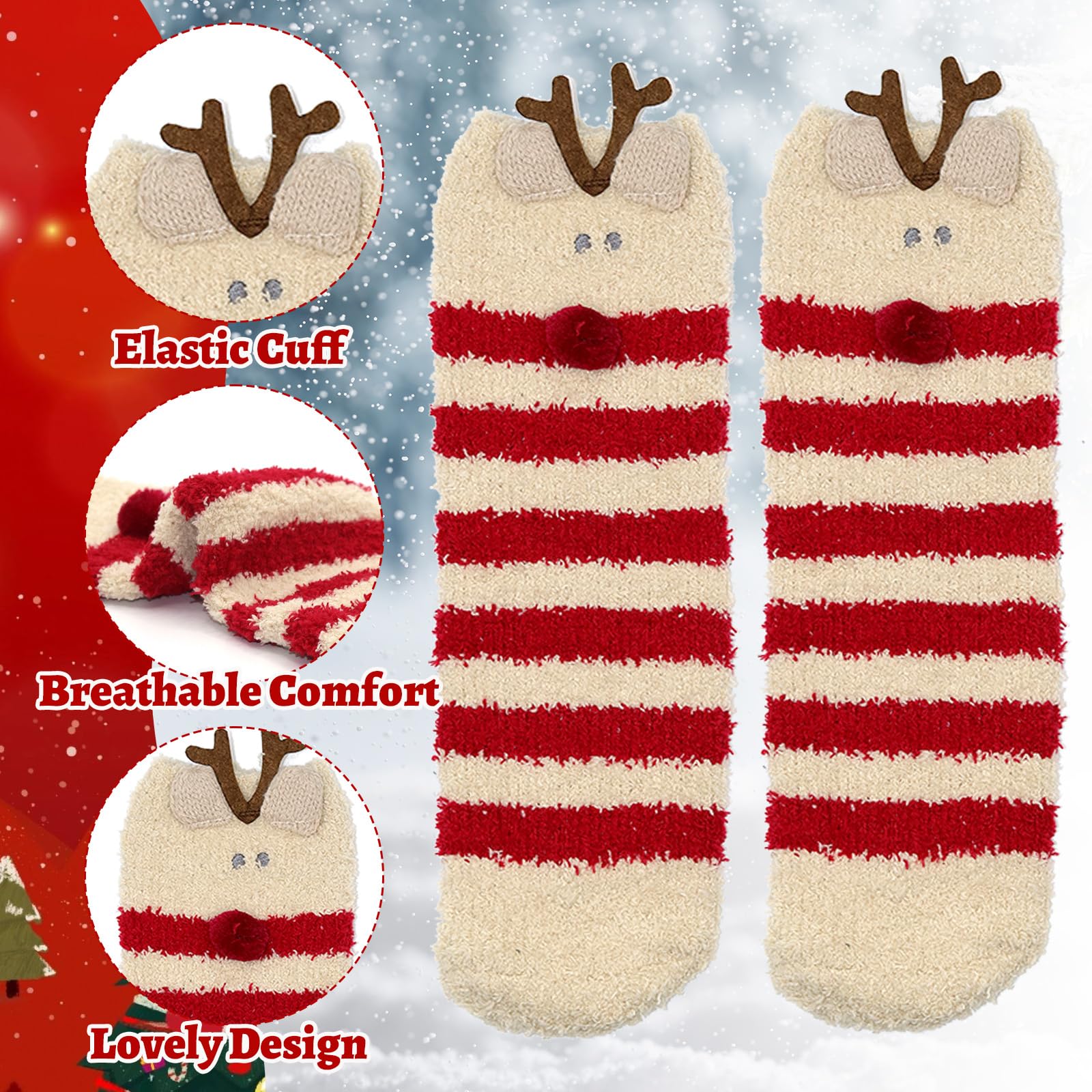 Fuzzy Christmas Socks - 6 Pairs Cozy Warm Fluffy Plush Bed Socks for Women, Girls - Cute Coral Fleece Xmas Indoor - Medaid International