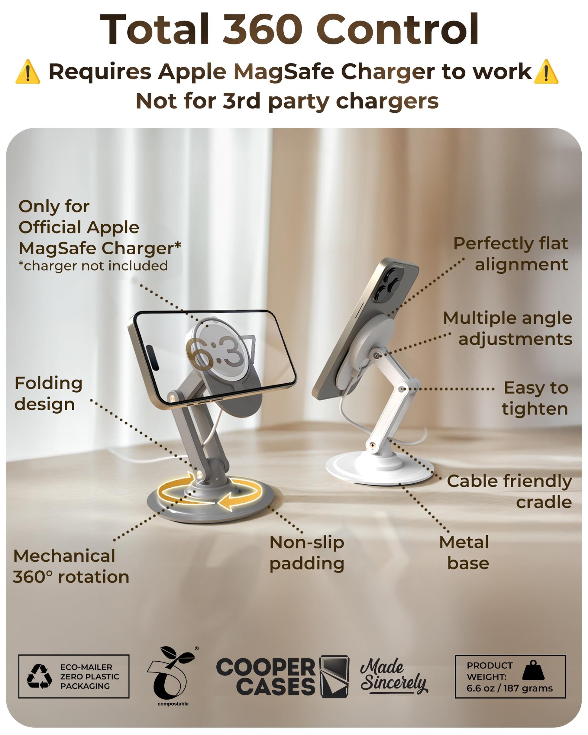 COOPER 360 MagBase, Stand for Apple MagSafe Charger (Not Included) MagSafe Charger Stand for iPhone 17 Pro Max, iPhone 16, 15,14,13,12, AirPods Charging, Standby Mode, 360° Rotation (Space Grey) - Medaid International