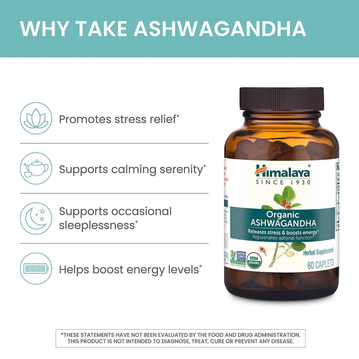 Himalaya Organic Ashwagandha Root, 60 Day Supply - Herbal Adrenal Support Supplements for Stress Relief and Energy Support - USDA Organic, Non-GMO, Vegan, Gluten Free, No Additives, 670 mg, 60 Caplets - Medaid International