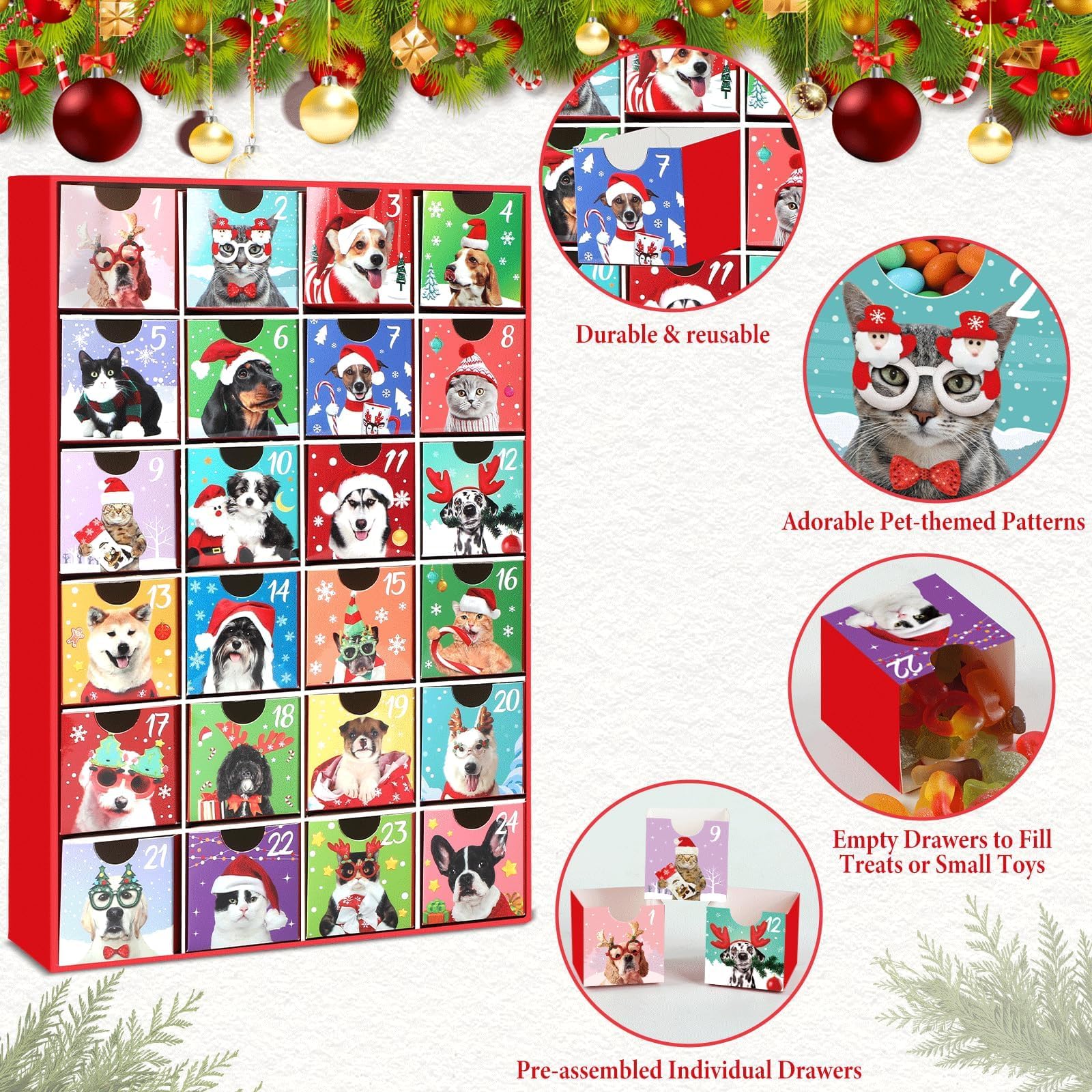 Dogs & Cats Advent Calendar 2025, Empty Advent Calendar to Fill Yourself, Advent Calendar Box Drawers Christmas Gifts for Pet Dog Lover Personalize with Treats Winter Holiday Xmas Countdown Gift - Medaid International