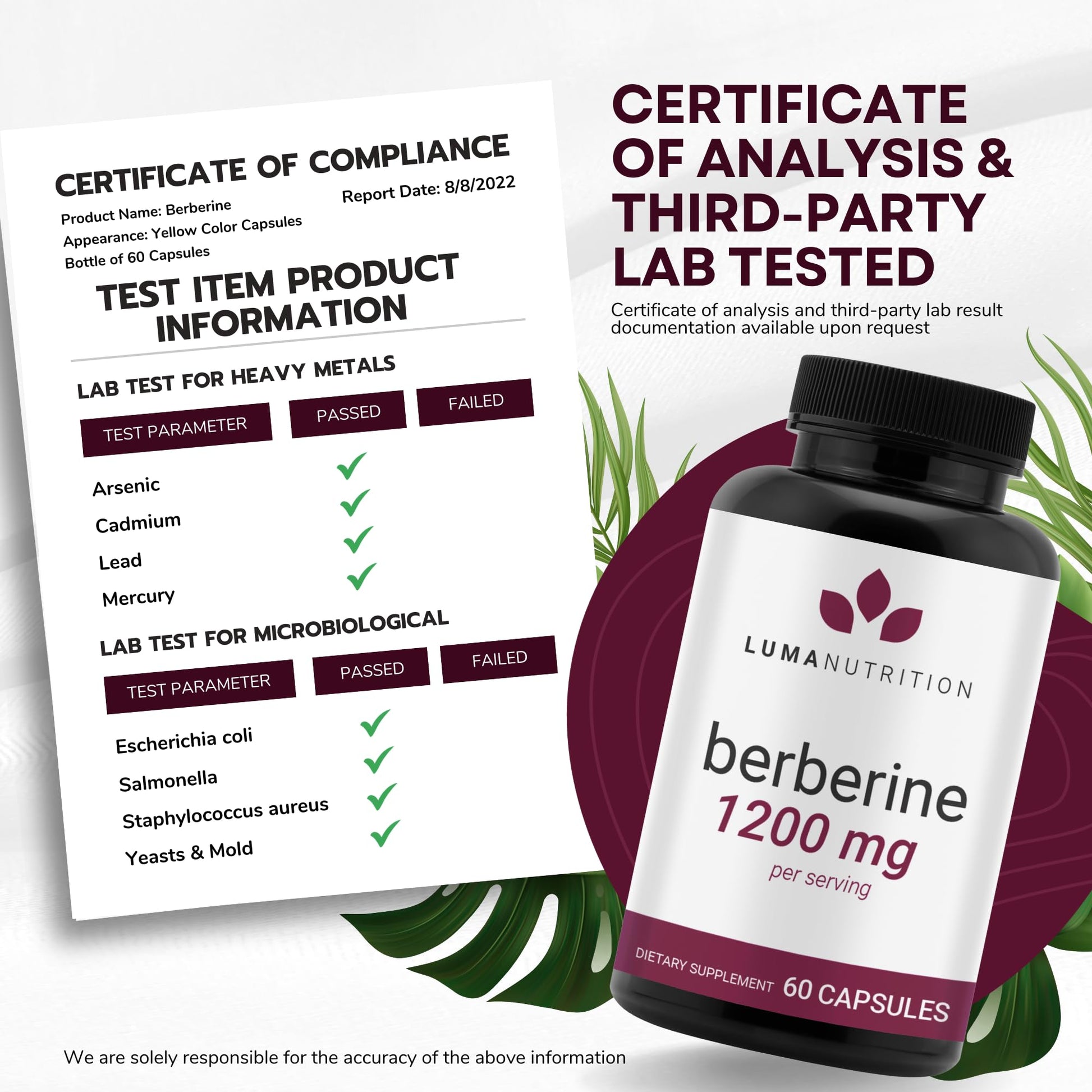 Luma Nutrition Berberine Supplement - Berberine HCL 1200mg Per Serving - Vegan, Gluten Free, Non-GMO - 60 Capsules - Medaid International